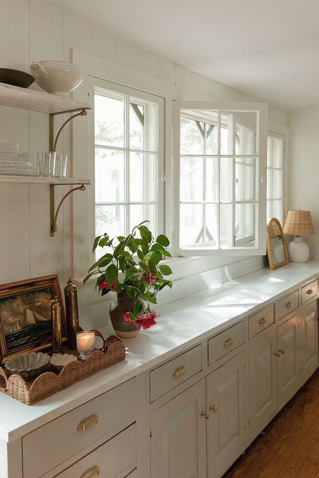 Long white cabinets with brass handles and houseplants sit beneath bright windows in a sunny hallway storage area.