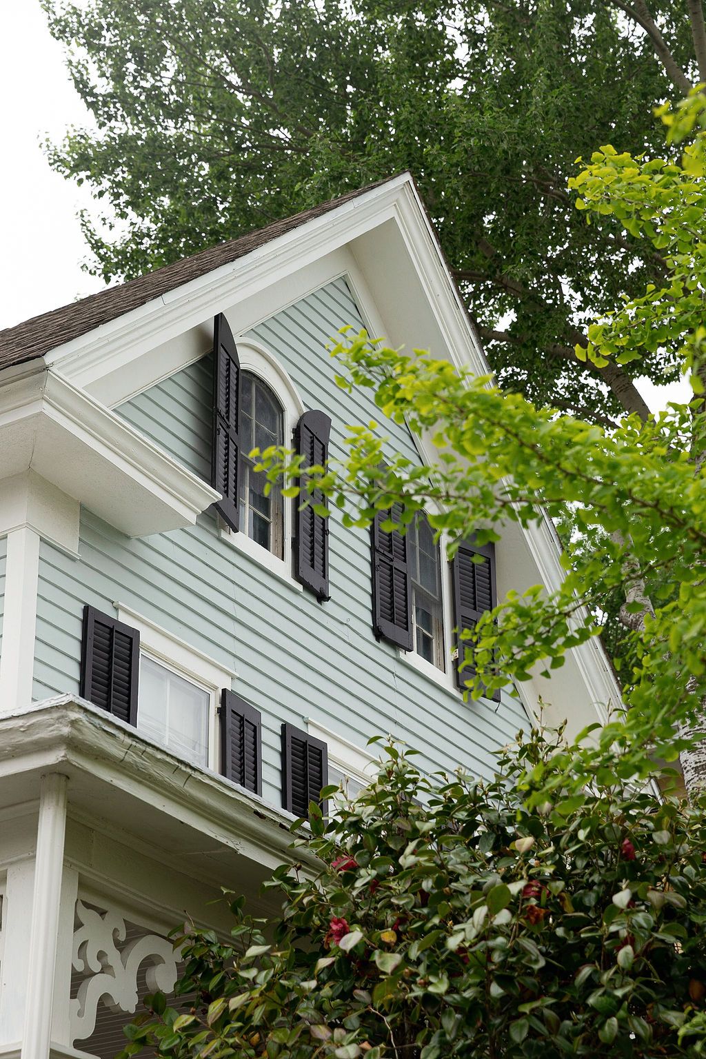 Close-up view of white dormer windows with black shutters and ornate architectural details against green foliage.