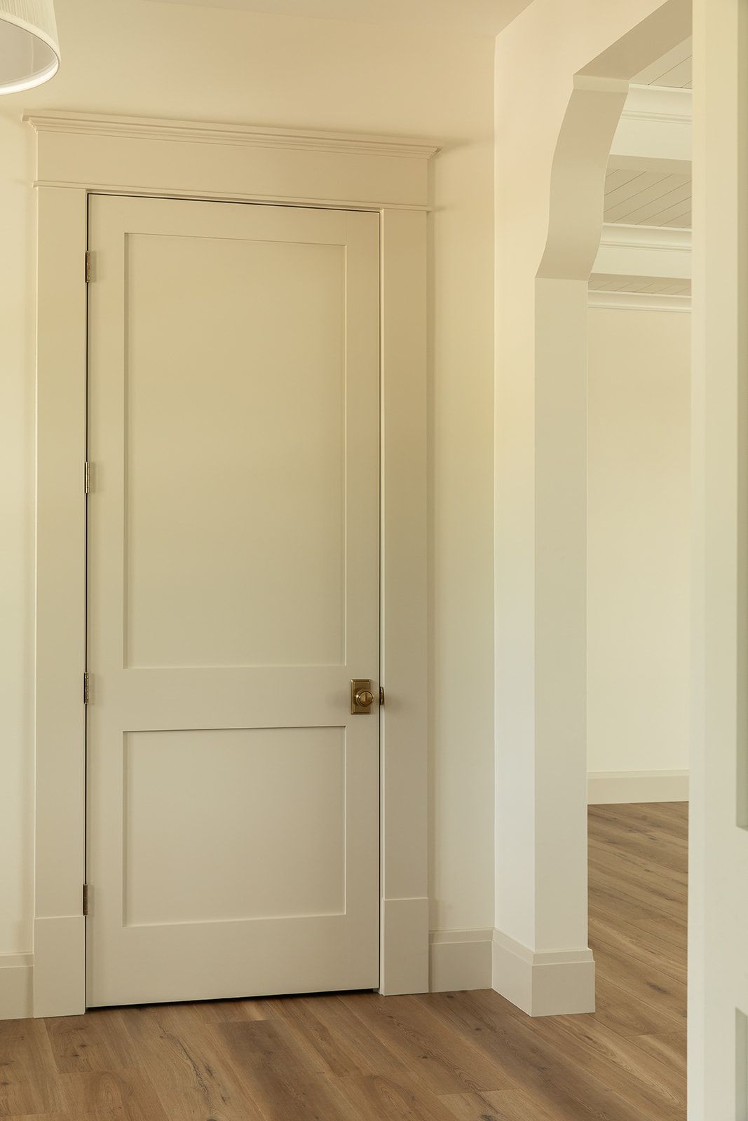 White two-panel interior door with brass knob, white trim, and hardwood floors in a bright hallway.