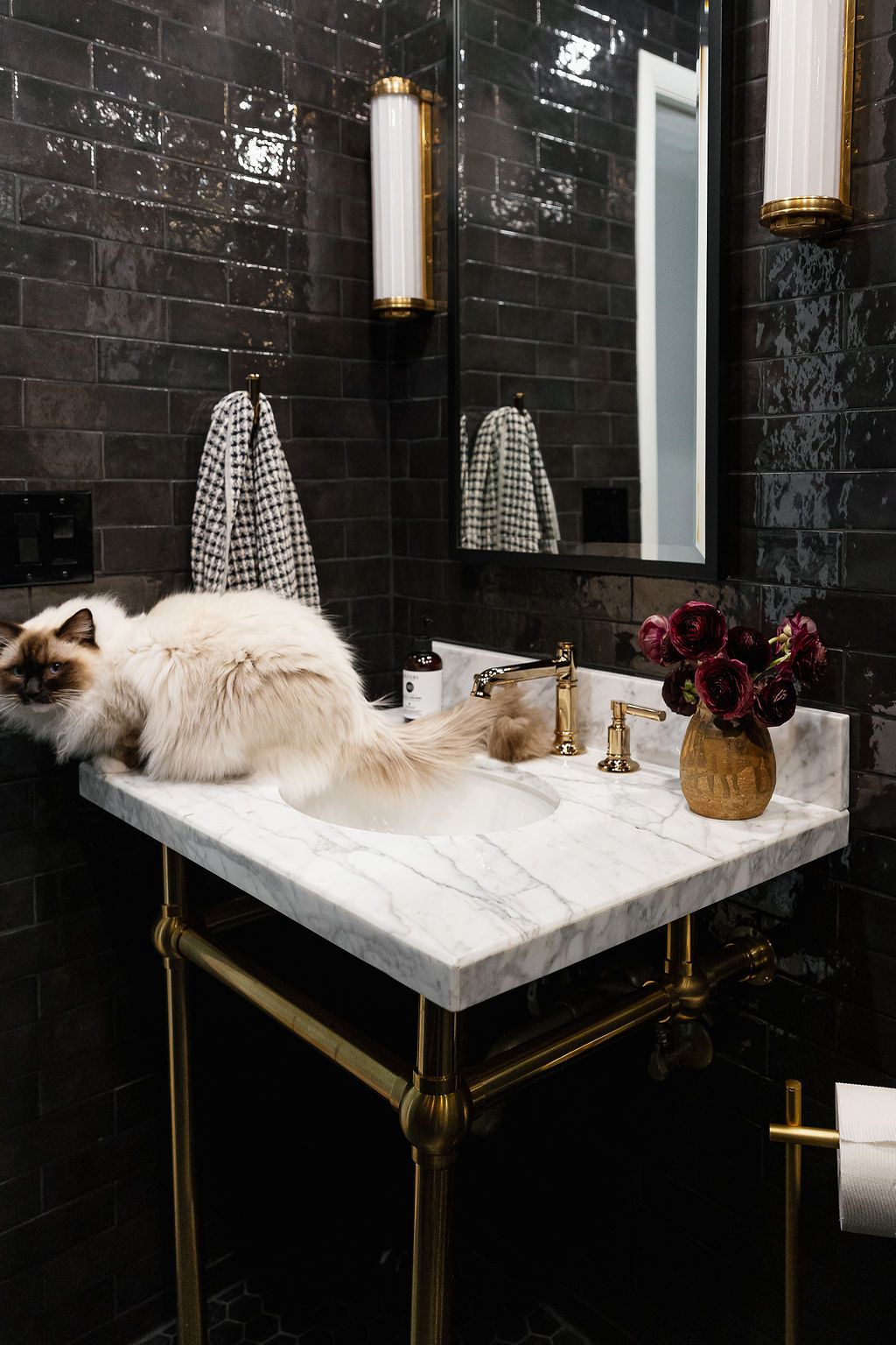 A white cat sleeps on an elegant marble bathroom counter with black tiled walls and gold accents.