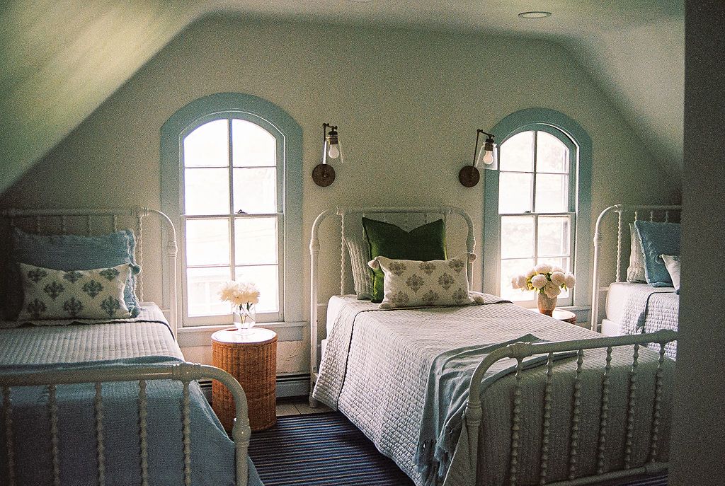 A series of interior photographs showing cozy bedrooms with vintage-style furnishings and soft natural lighting.