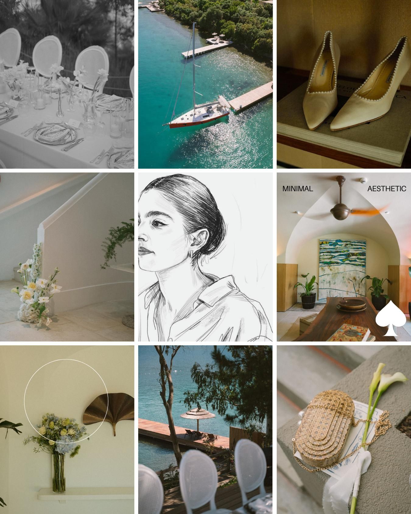 A minimalist collage grid featuring neutral tones, botanical elements, interior spaces and sketched artwork.
