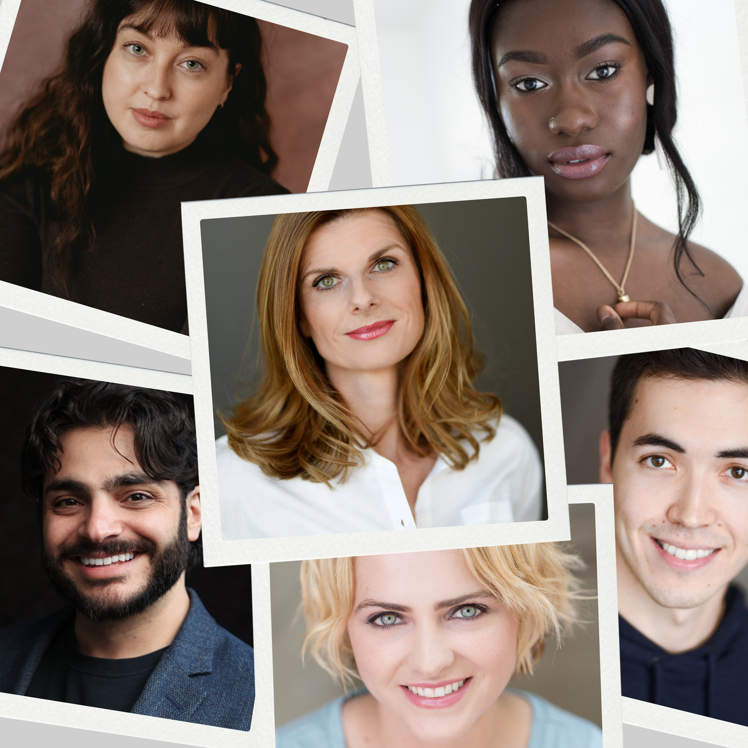 Diverse collection of professional headshot portraits arranged in a collage style layout showing various smiling people.