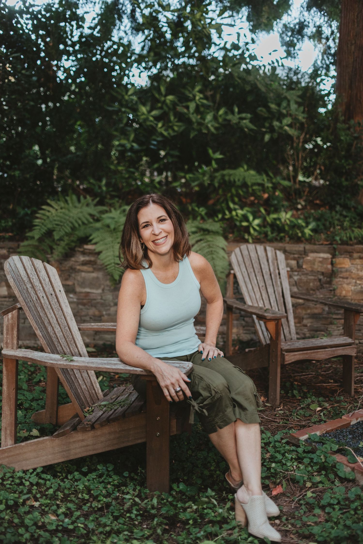 A series of outdoor photos showing someone seated on rustic wooden Adirondack chairs surrounded by lush greenery.