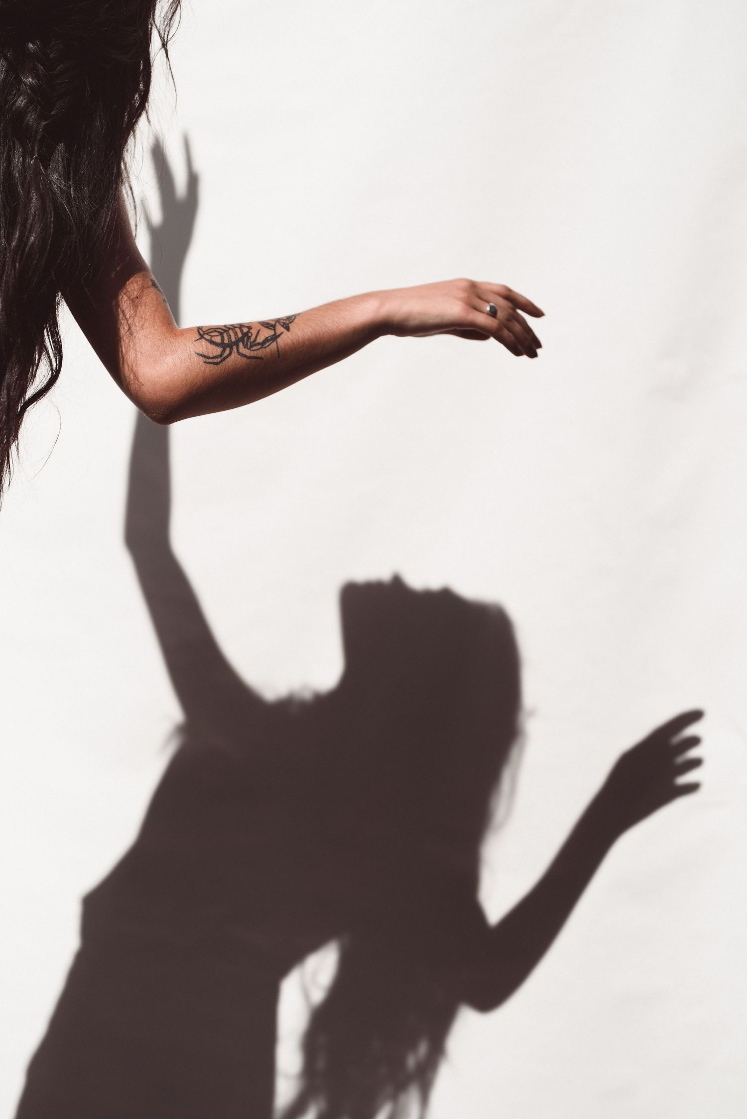 Artistic shadow play photo showing an arm with tattoo casting dramatic silhouette against white wall.