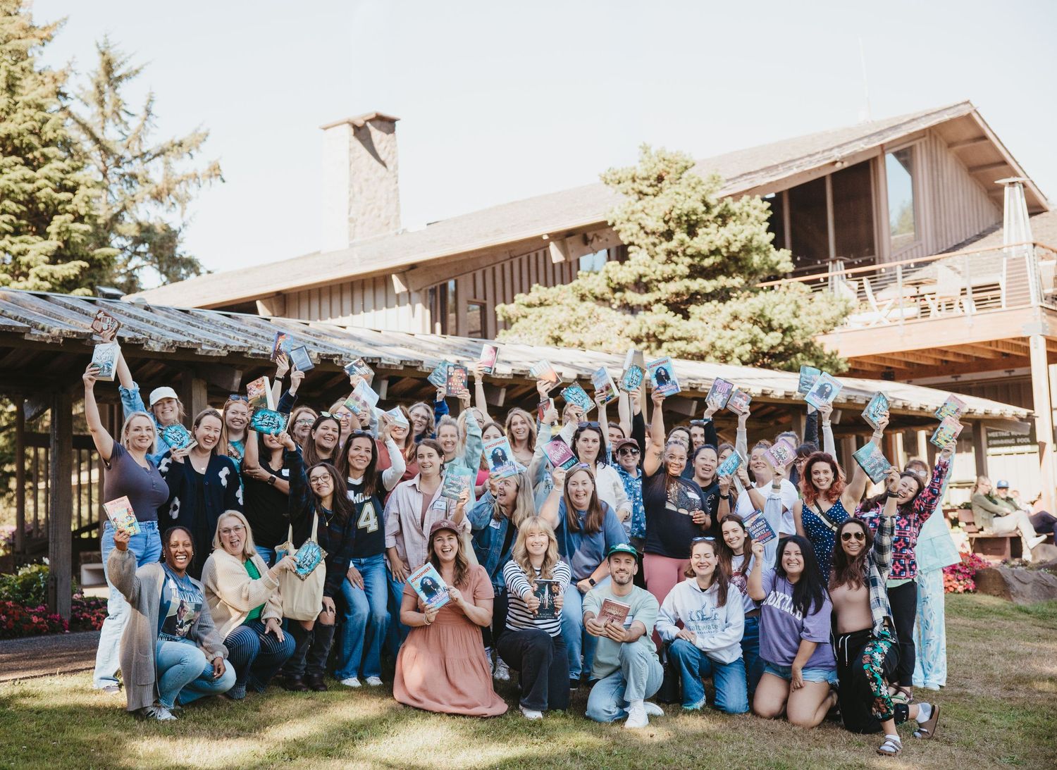 A series of outdoor wedding party photos showing guests in coordinated blue and gray attire posing together in a rustic setting.