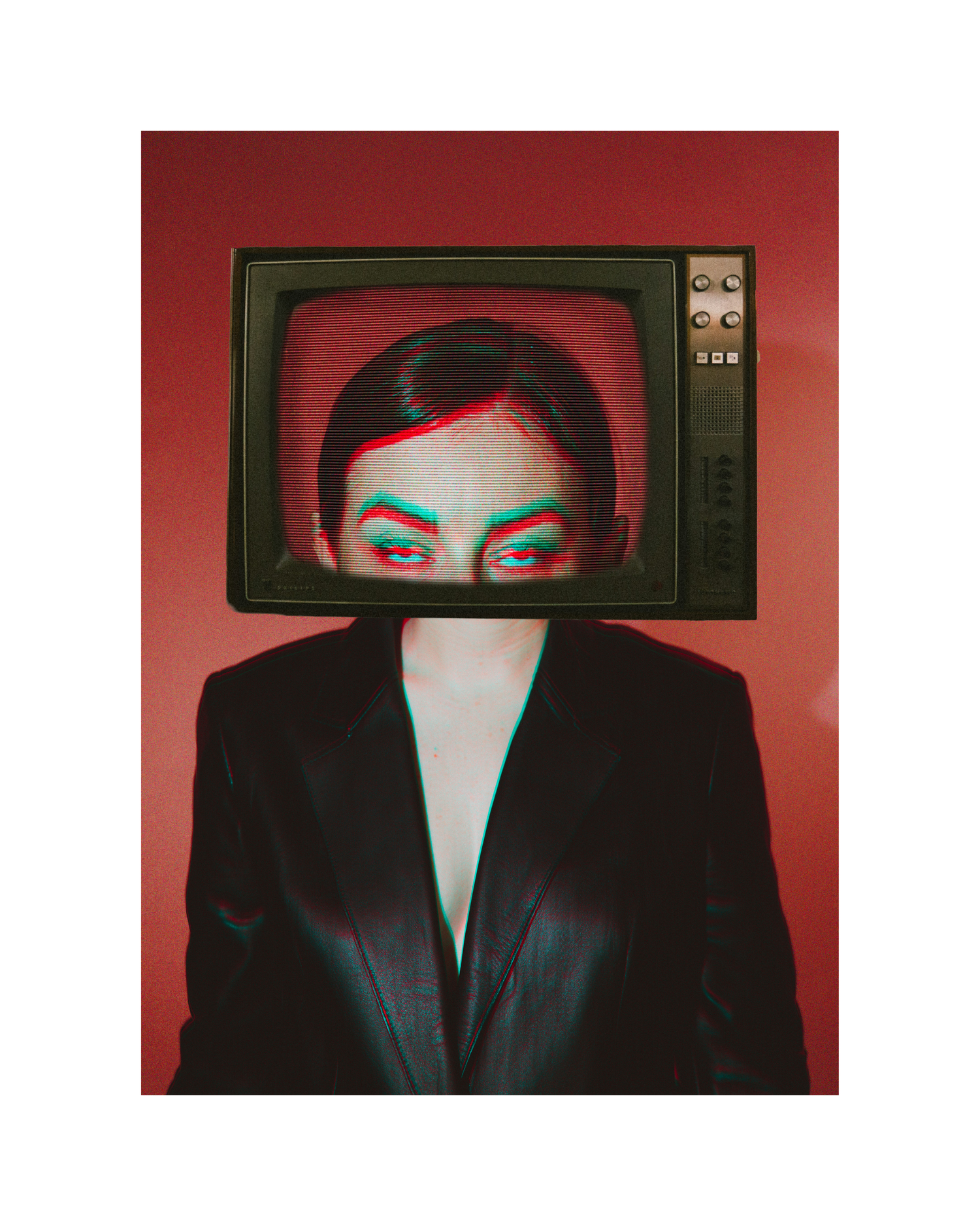 A series of six artistic portraits with dramatic red lighting showing a figure in a black suit against a dark background.