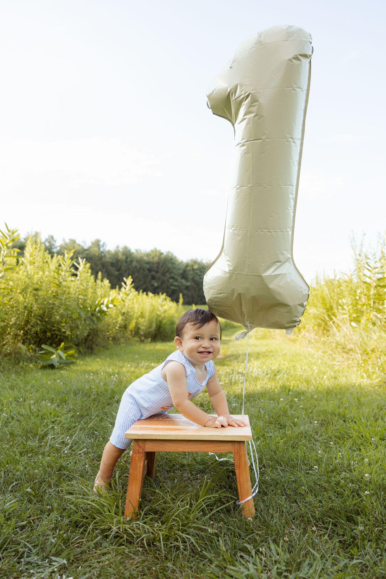 Small wooden stool sits in a sunlit grassy field with trees in the background.