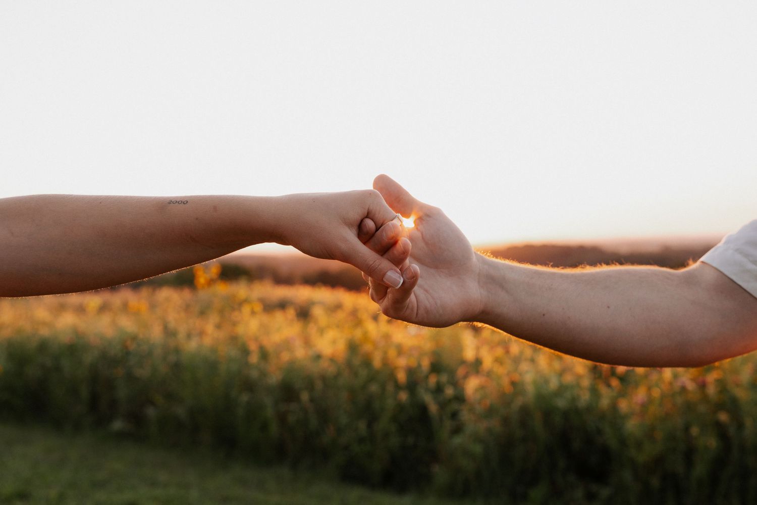 Two hands reaching toward each other against golden sunset background.