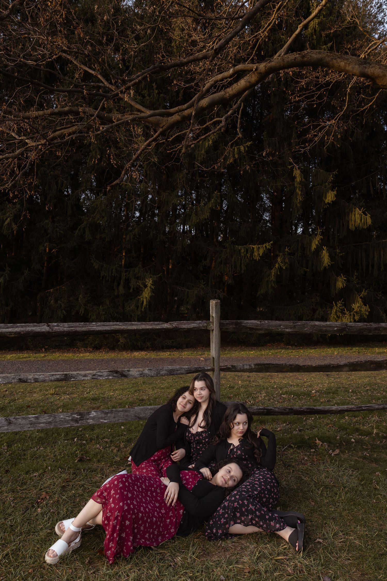 Three women in dark floral dresses sitting together on grass by a wooden fence with trees in the background.