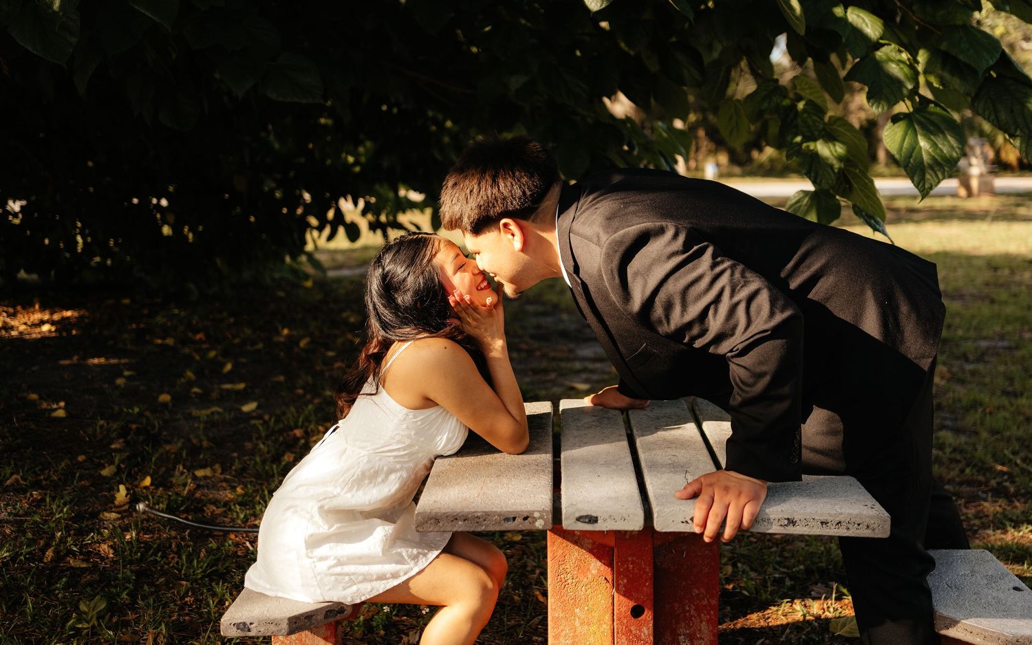 Couple sharing a romantic kiss over a picnic table in a sunlit park surrounded by lush green trees.