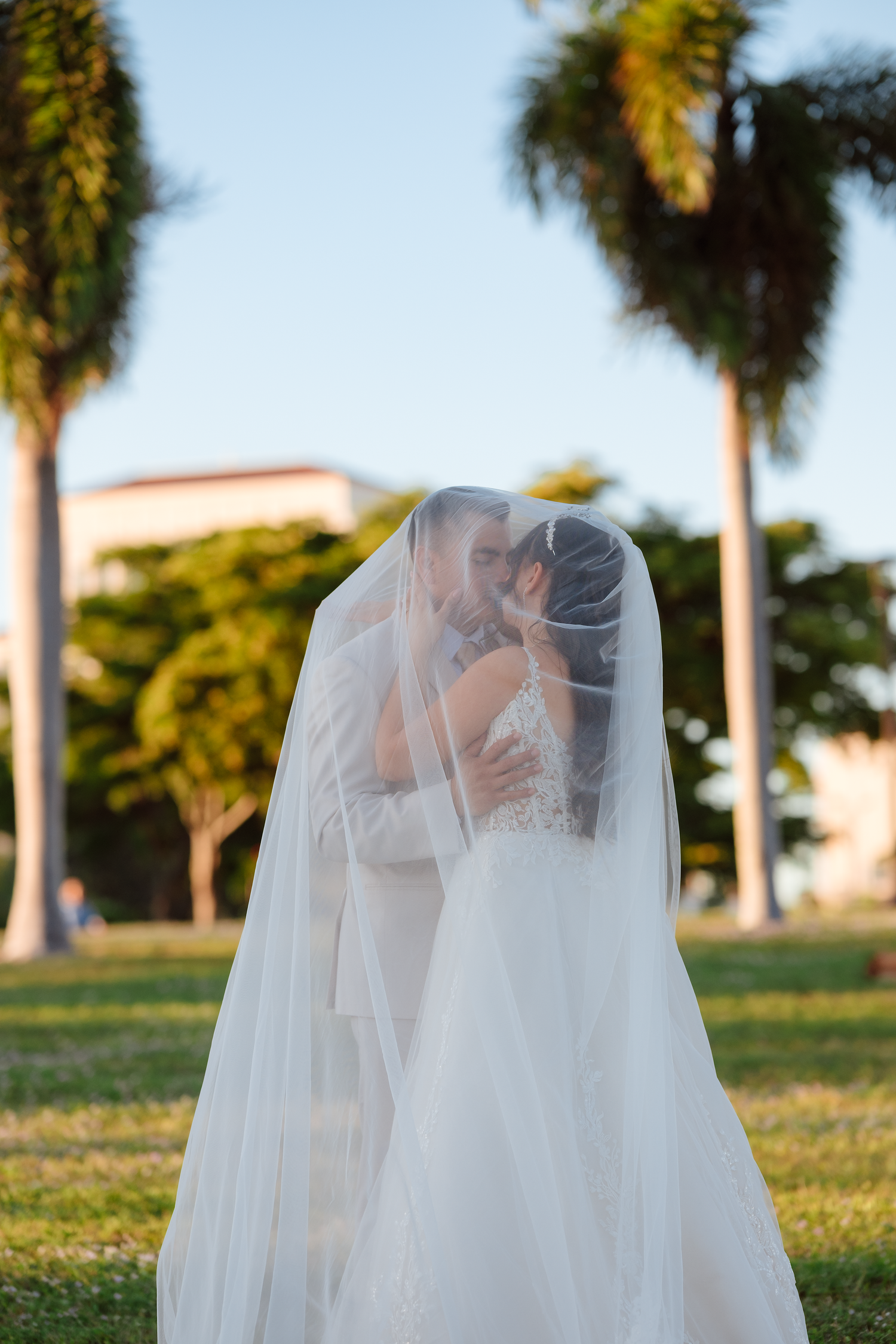 Bride and groom kissing under a flowing white veil with palm trees and blue sky in the background.