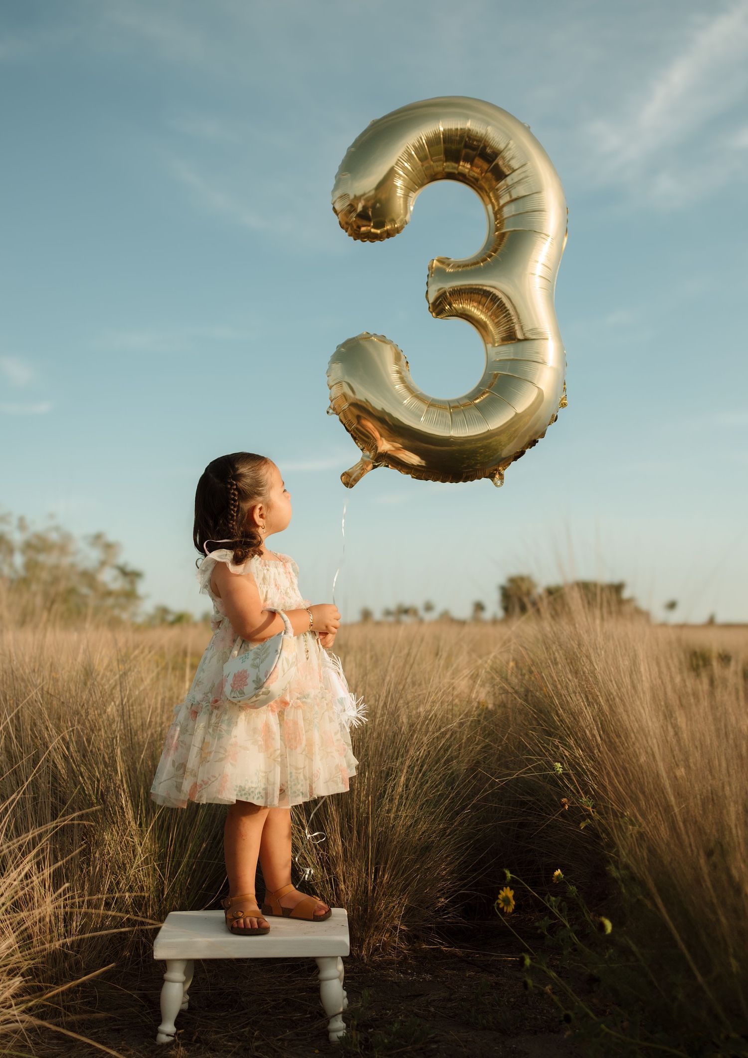 A child in a white tulle dress sits on a chair in a golden field at sunset holding a large gold number 3 balloon.