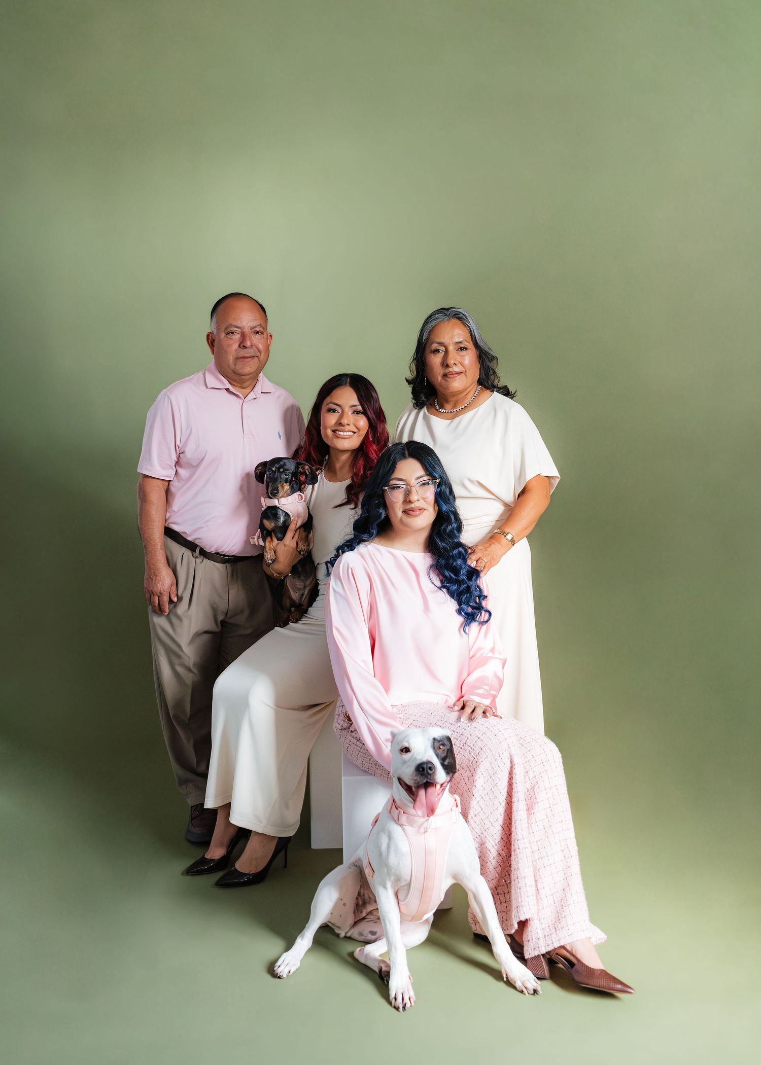 Family of four posing with two dogs against a green background in coordinated outfits for a studio portrait.