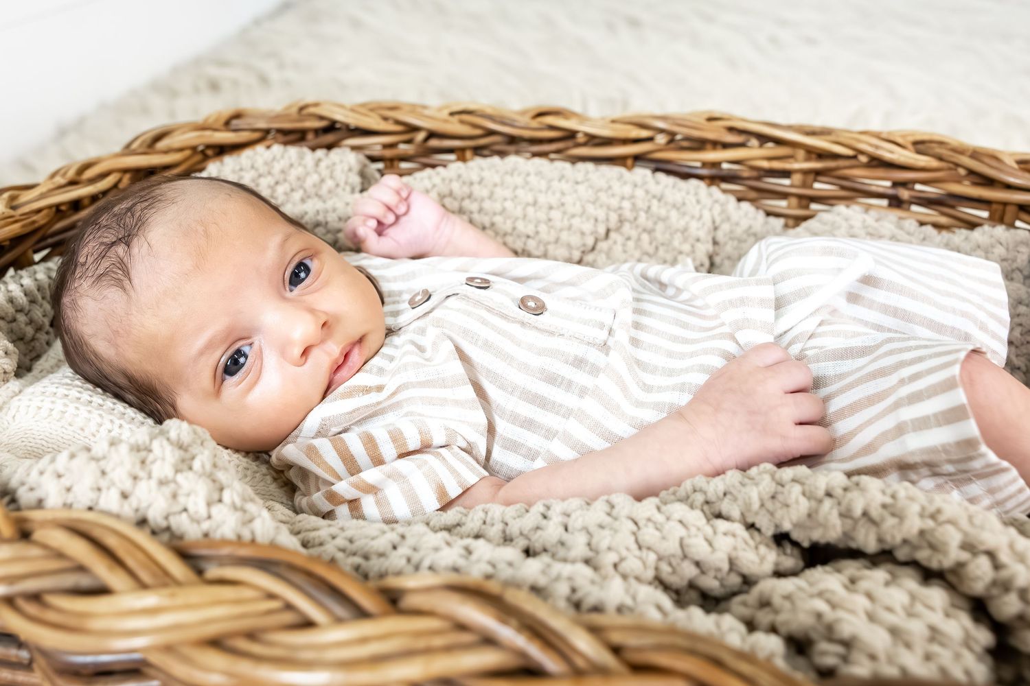 Newborn baby resting in woven basket on textured knit blanket during photo session.