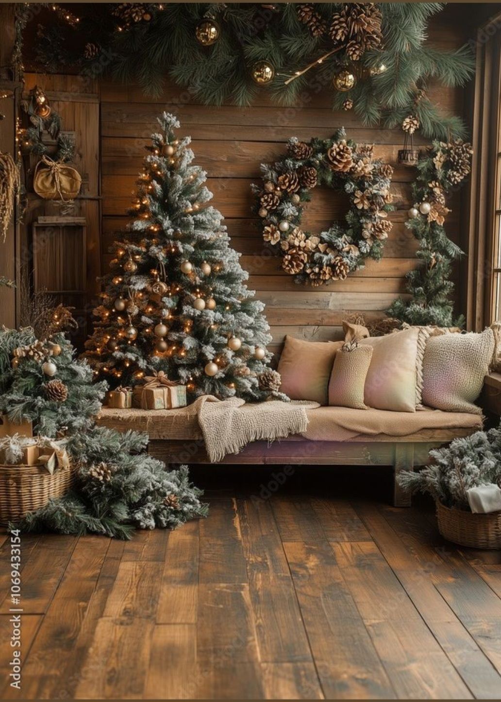 Cozy Christmas scene with decorated tree, wreath, and bench against rustic wooden wall.