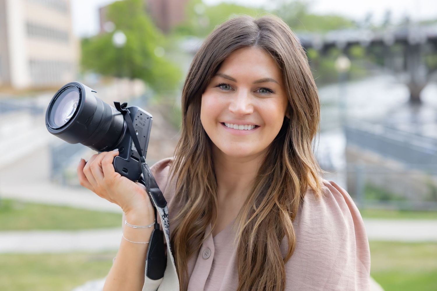 Series of outdoor photography portraits featuring someone holding a professional camera.
