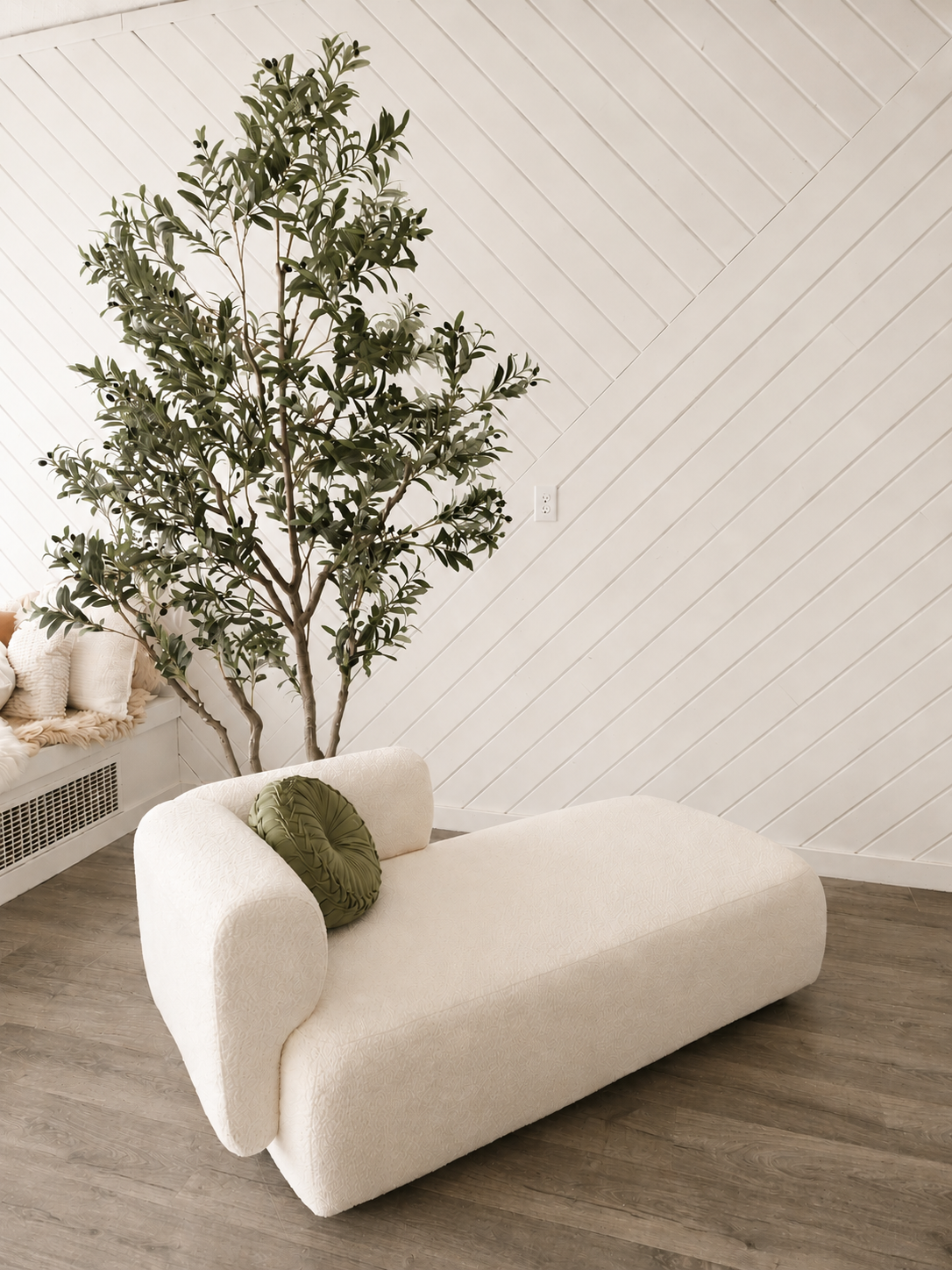 White boucle chaise lounge sofa with green pillow beside tall olive tree against white chevron shiplap wall.