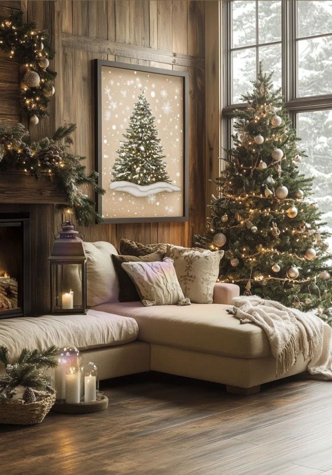 Modern living room with Christmas trees, illuminated artwork, and comfortable sectional sofa.