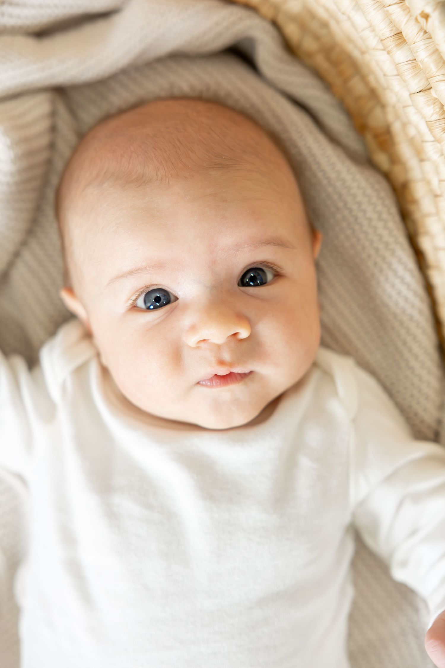 Adorable newborn baby with blue eyes lying on a soft cream knit blanket in a cozy wicker bassinet.