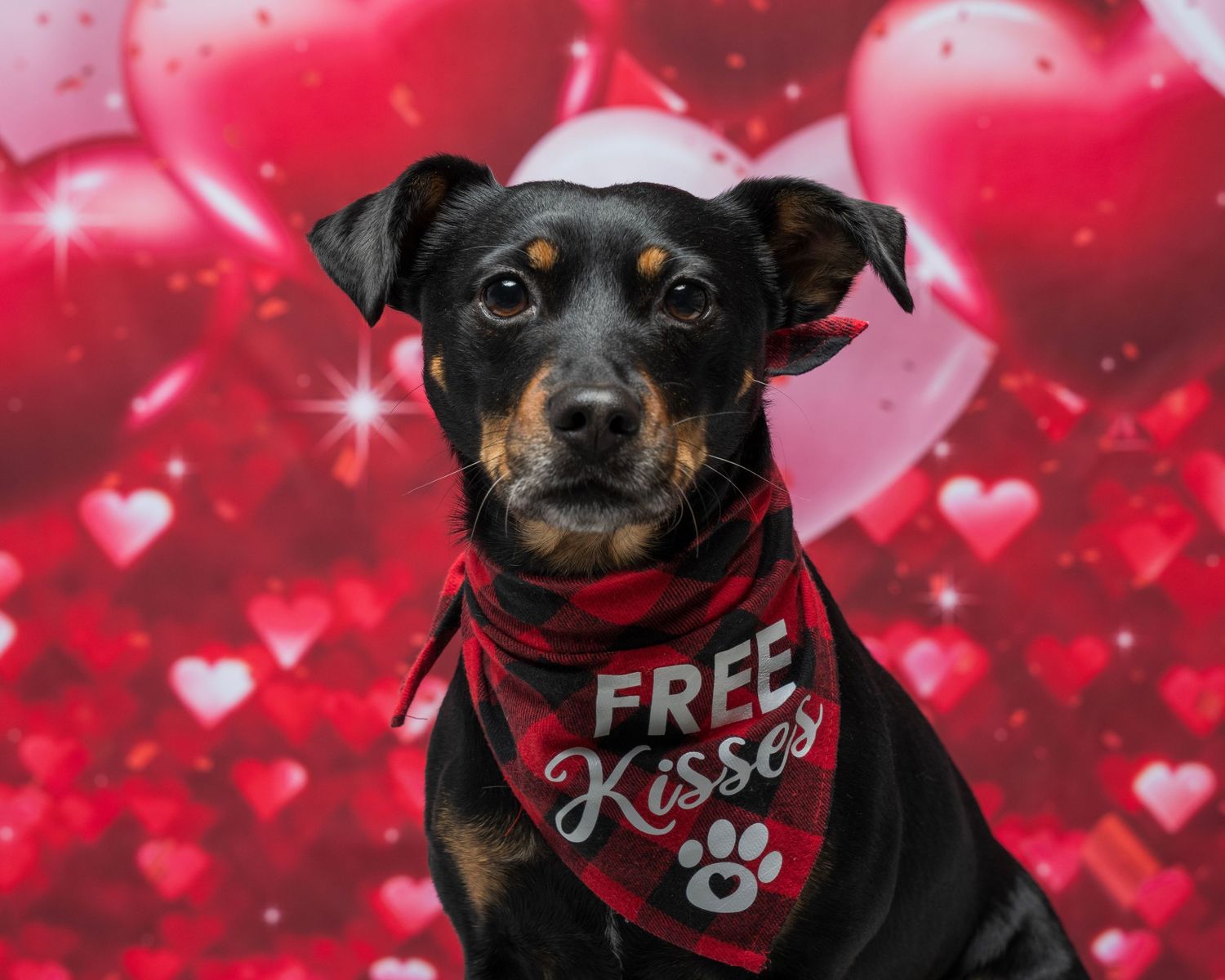 Black and tan dog wearing a red Free Kisses bandana posed against a Valentine's Day heart balloon backdrop.