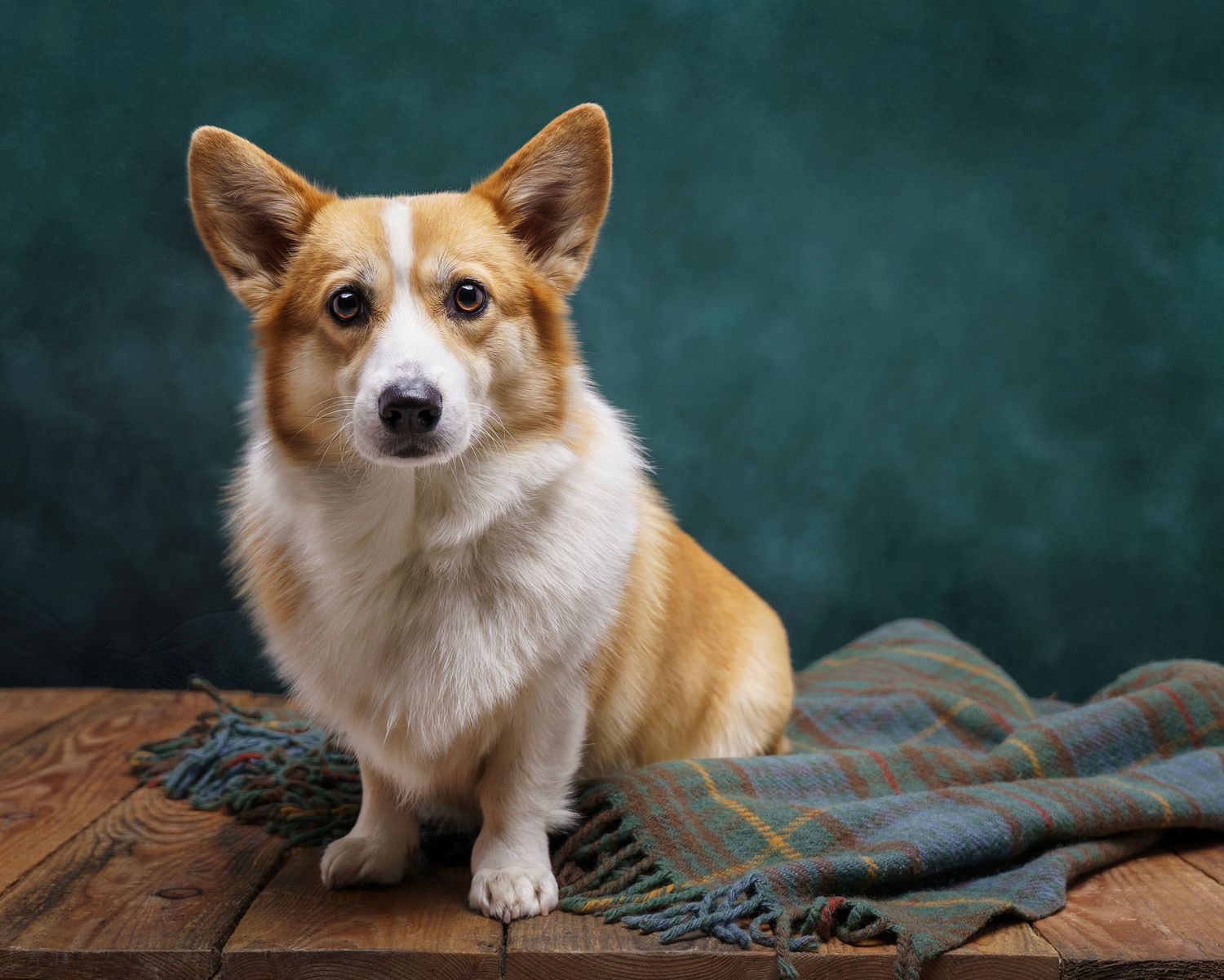 Dog photograph. Corgi dog sitting on plaid blanket against dark teal background.