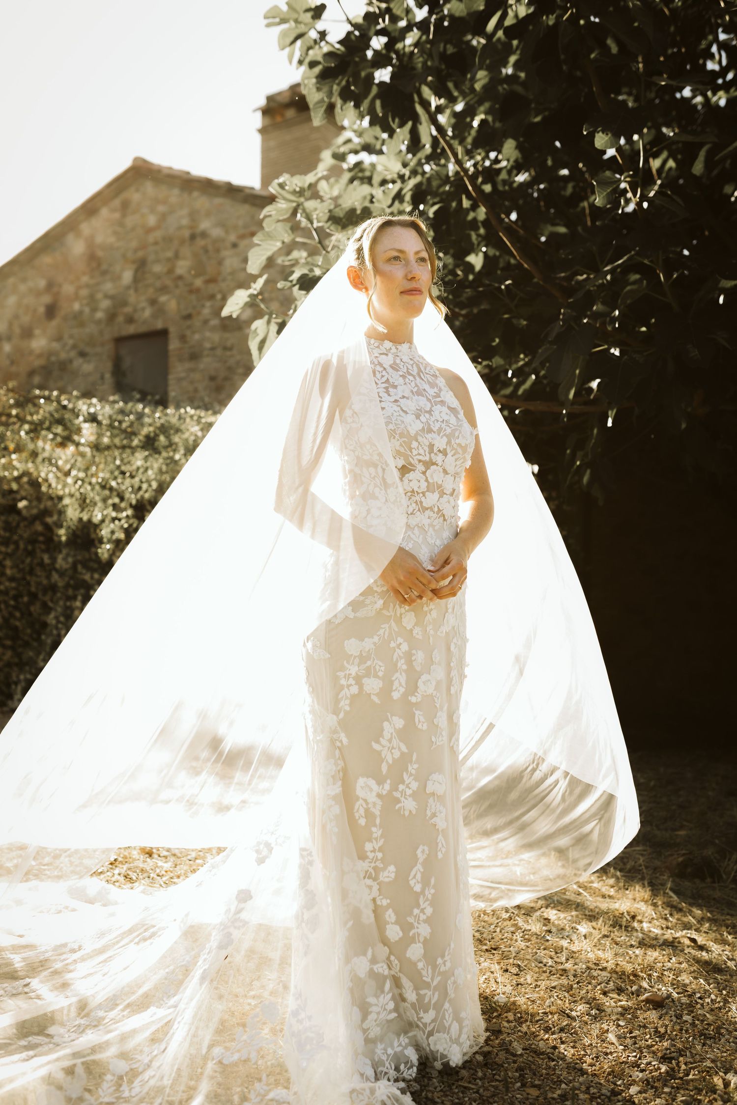 Bride in floral lace gown with flowing veil standing in golden sunlight outdoors.