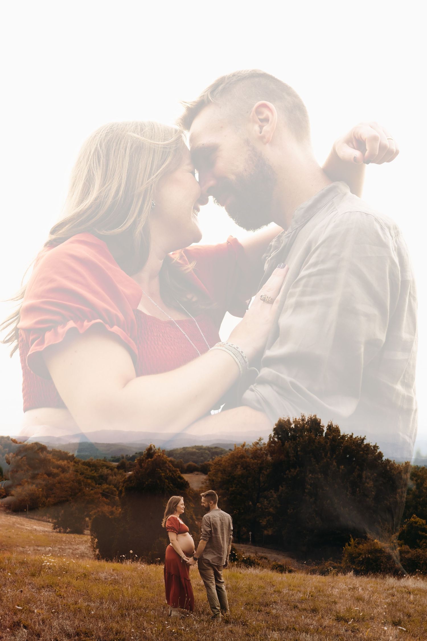Double exposure of expecting couple embracing and standing in a scenic outdoor landscape.
