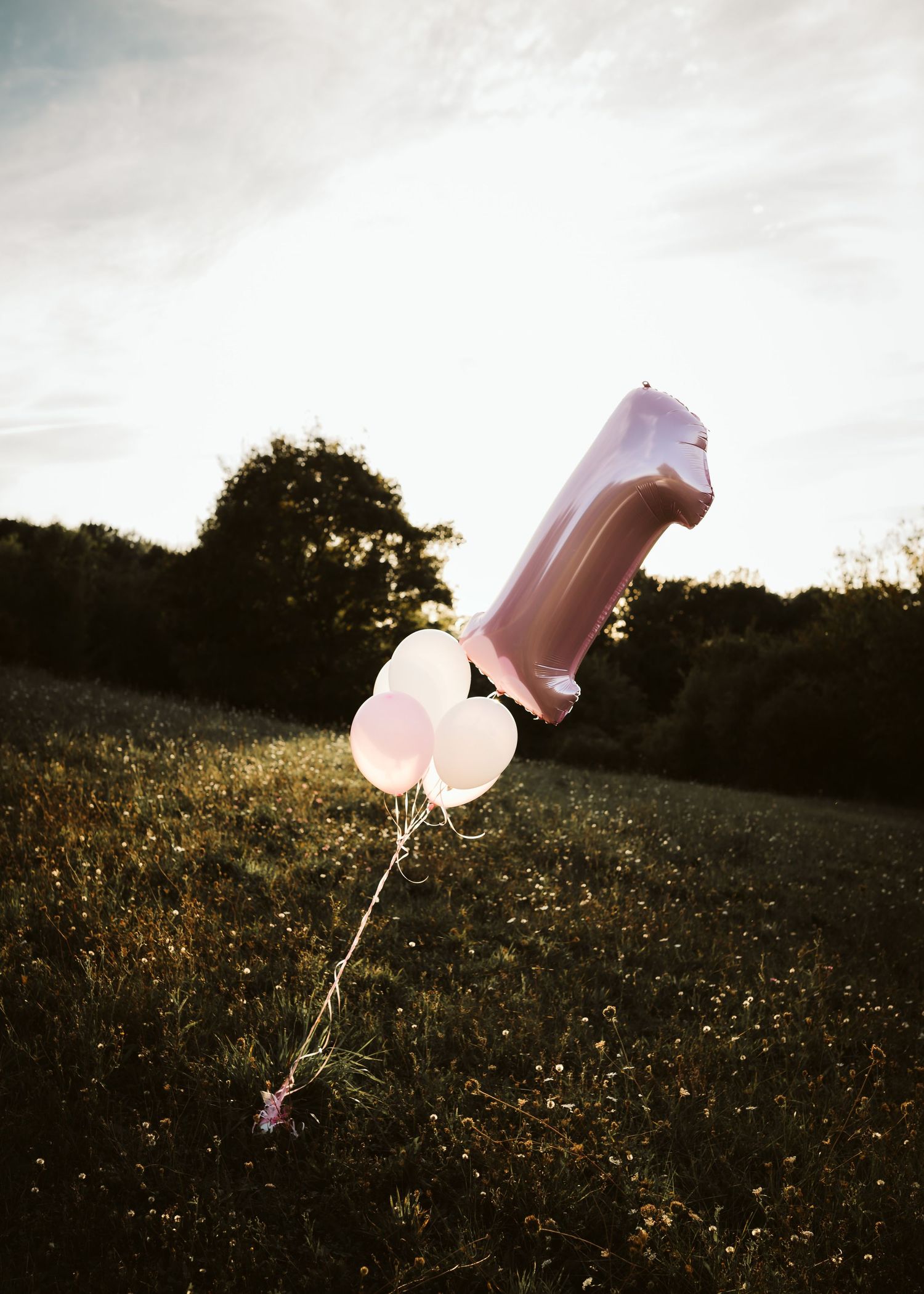 Pink number one foil balloon with white balloons floating in grassy field at sunset.