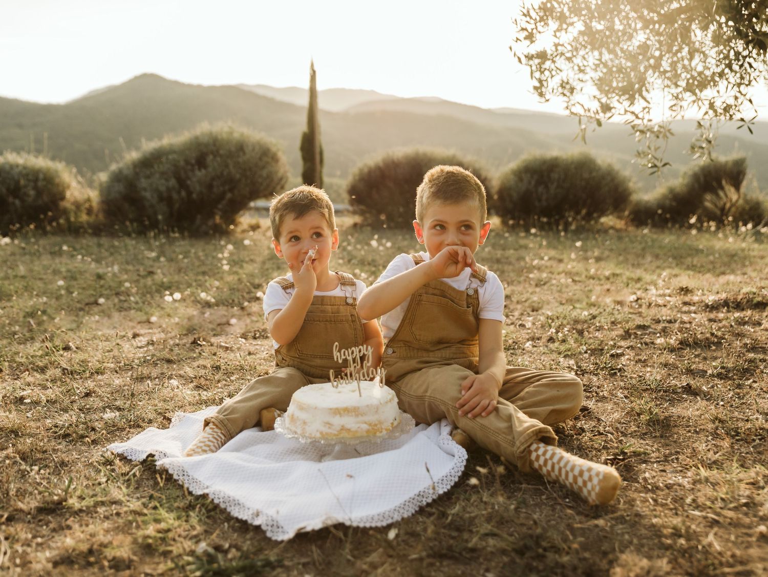 Twin boys in matching brown overalls sitting outdoors sharing a birthday cake in warm sunset light.