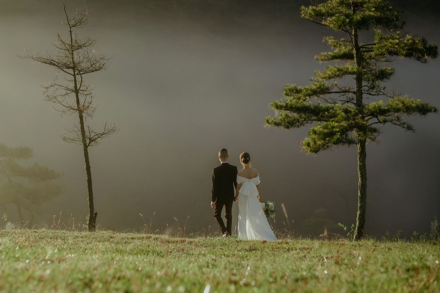 A couple in wedding attire stand together on a misty hilltop with tall pine trees in the background at sunset.