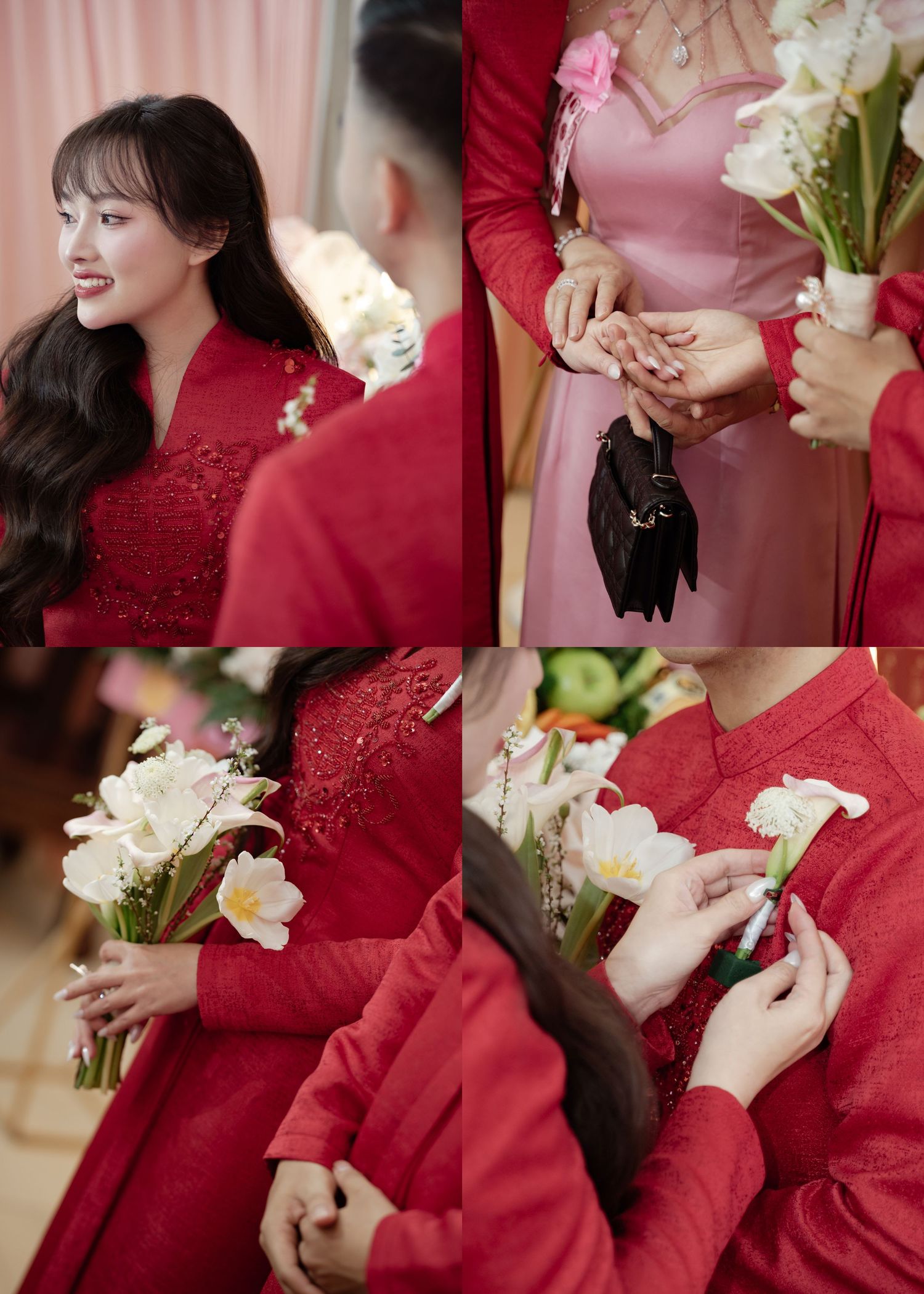 A collage of someone in a red lace dress holding white calla lily flowers at a celebration event.