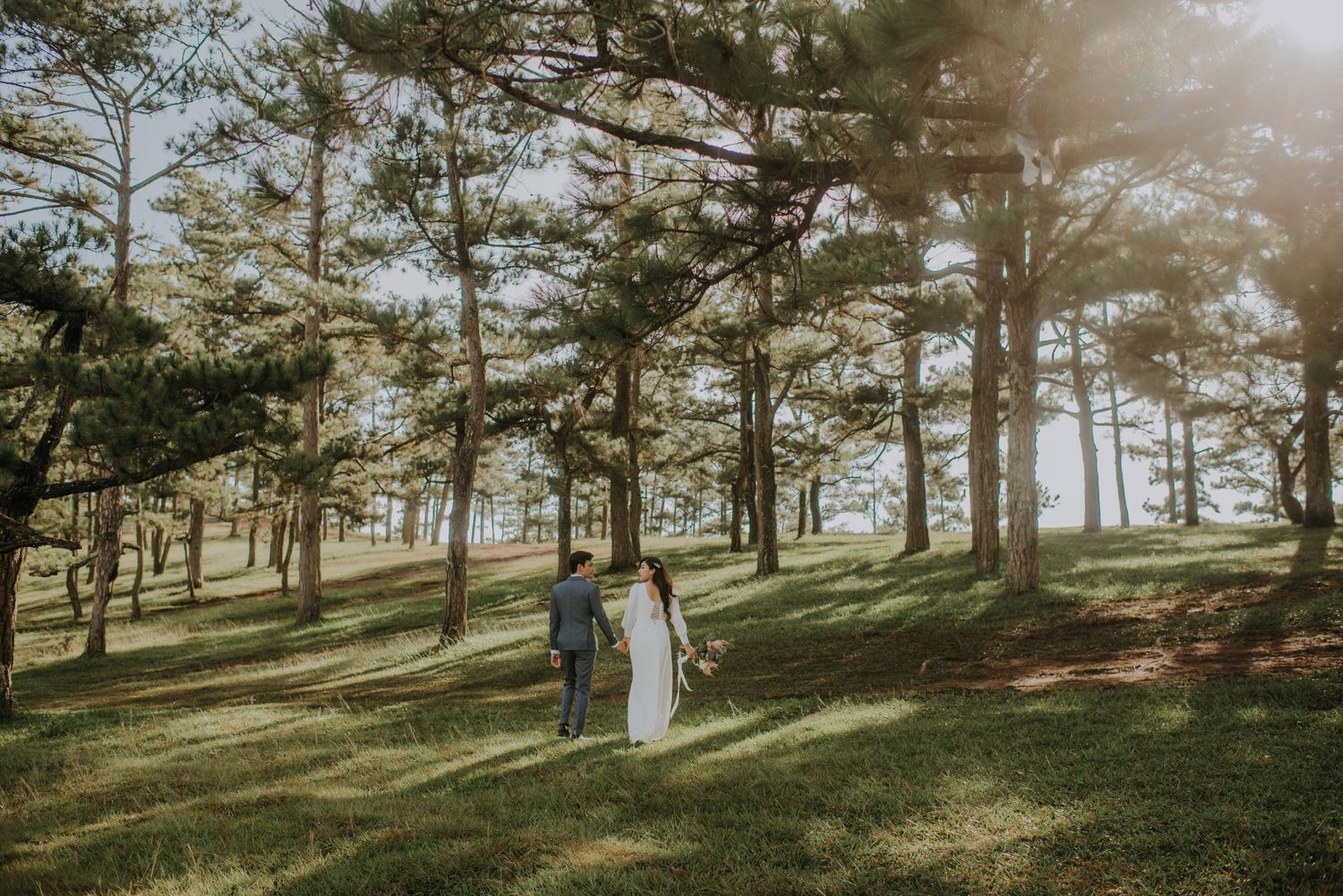 A couple walks through a sunlit pine forest in wedding attire on a grassy slope.