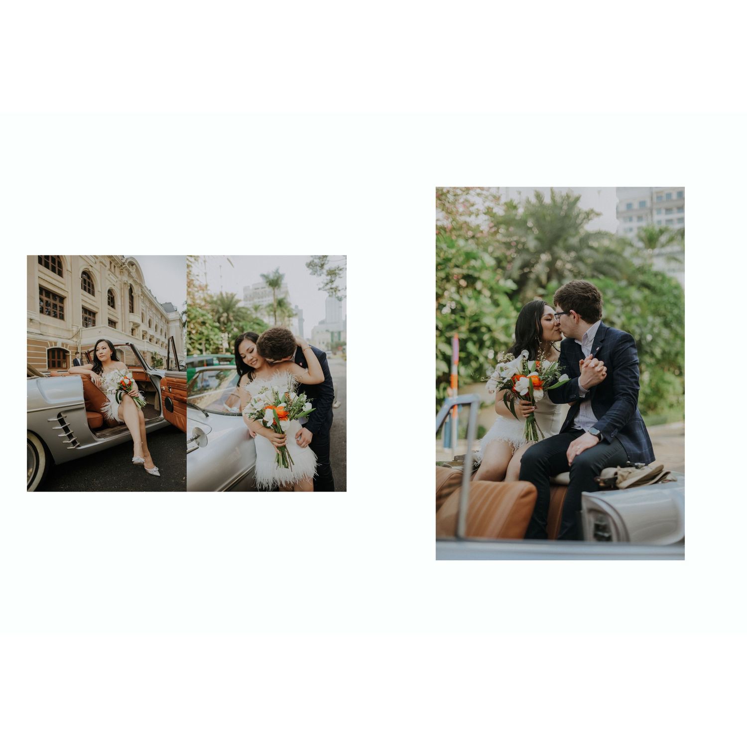 Couple sitting on a vintage car sharing ice cream cones outdoors in a sunny urban setting.