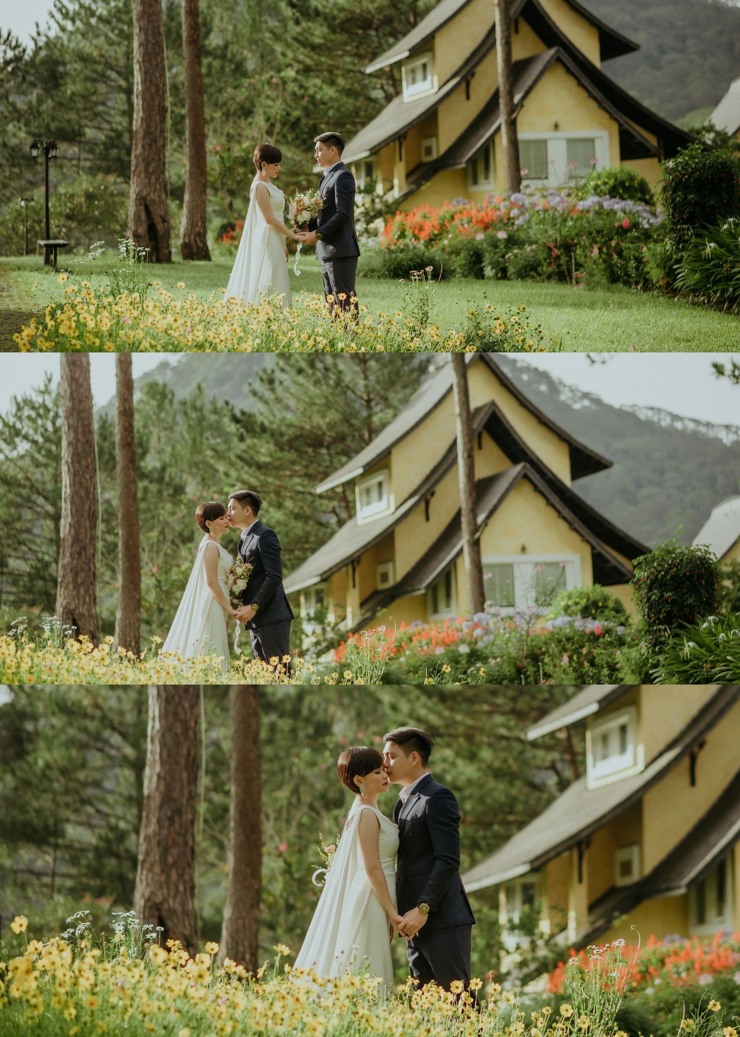 Wedding ceremony photos outdoors with yellow flowers and rustic cottage in garden setting.