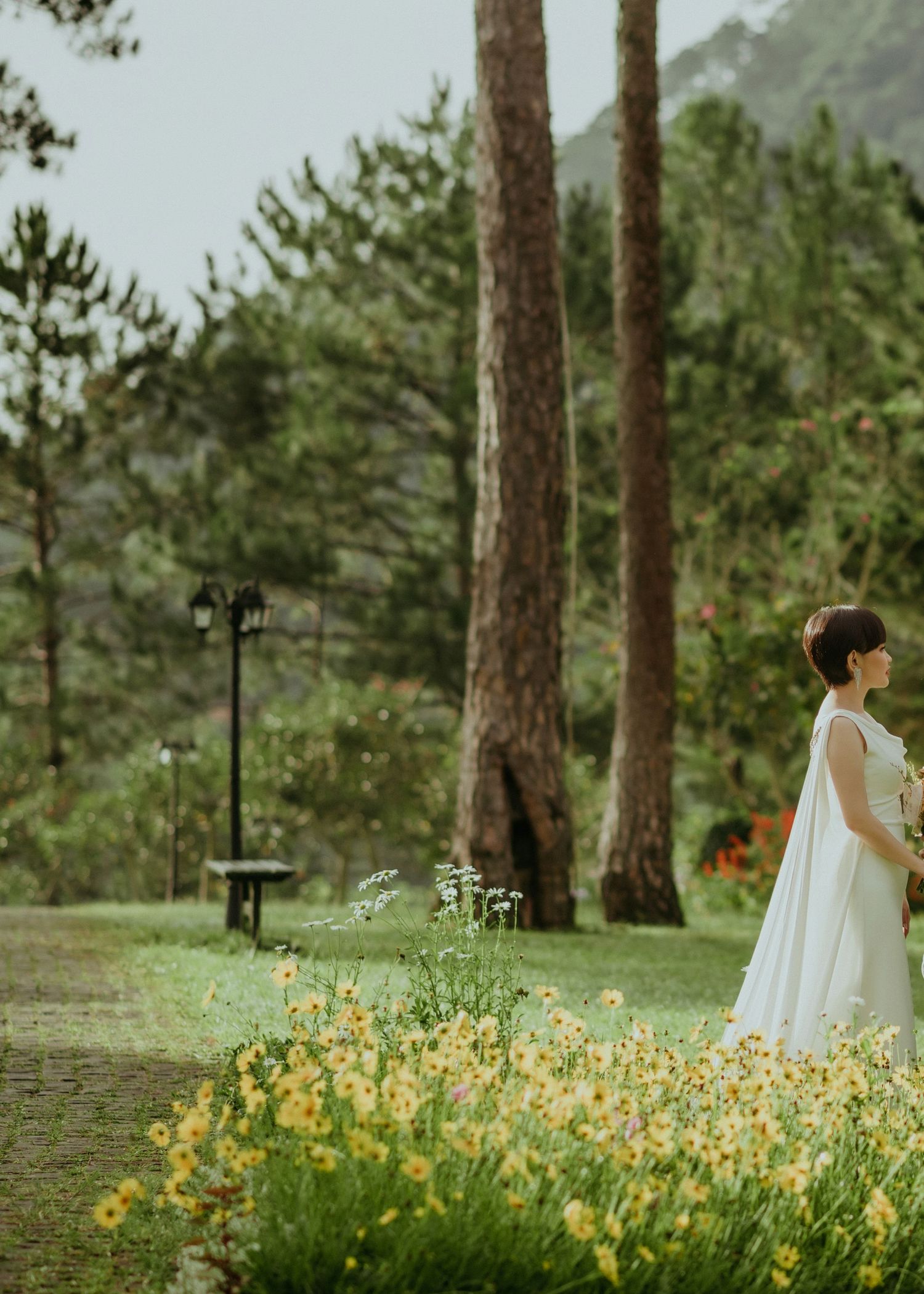 A person in a flowing white dress stands beside yellow wildflowers in a pine forest setting on a misty day.