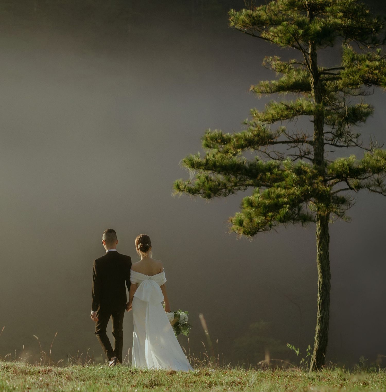 Couple in wedding attire standing together on a hillside with a majestic pine tree against a moody sky backdrop.