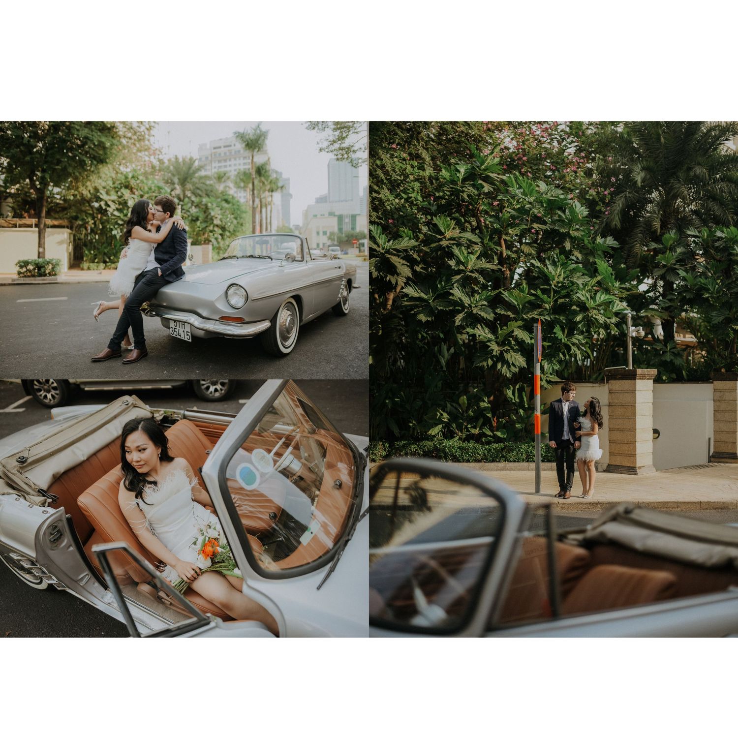 Romantic couple posing with vintage Mercedes-Benz car, including shot of brown leather interior.