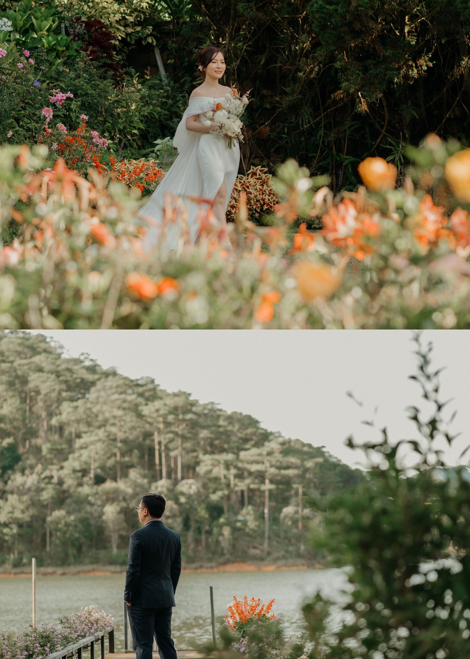 Two romantic wedding photos in a garden setting with orange poppies and mountain lake scenery.