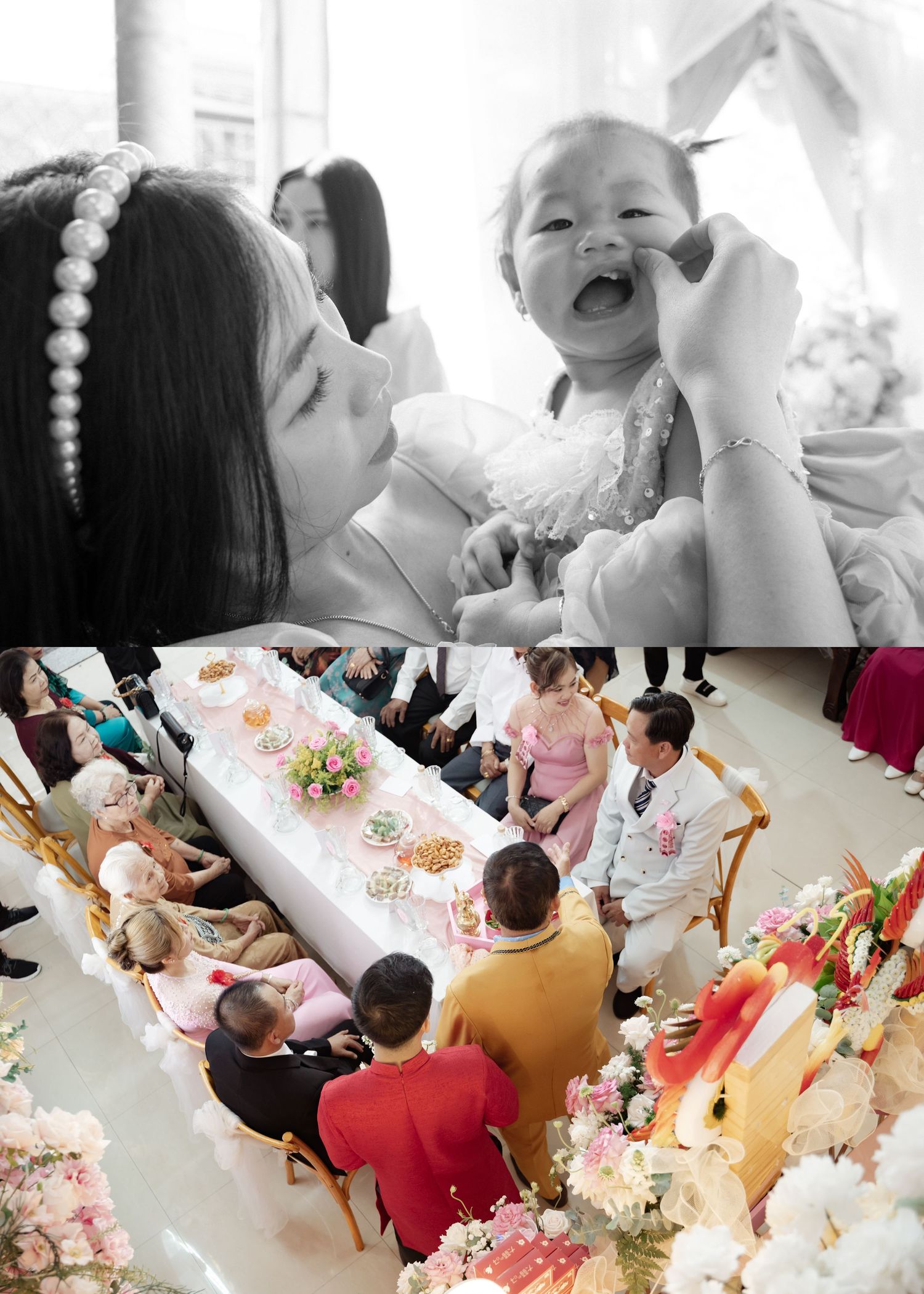 Joyful moments captured at a baby party with dining tables decorated with pink floral arrangements and numerous guests.