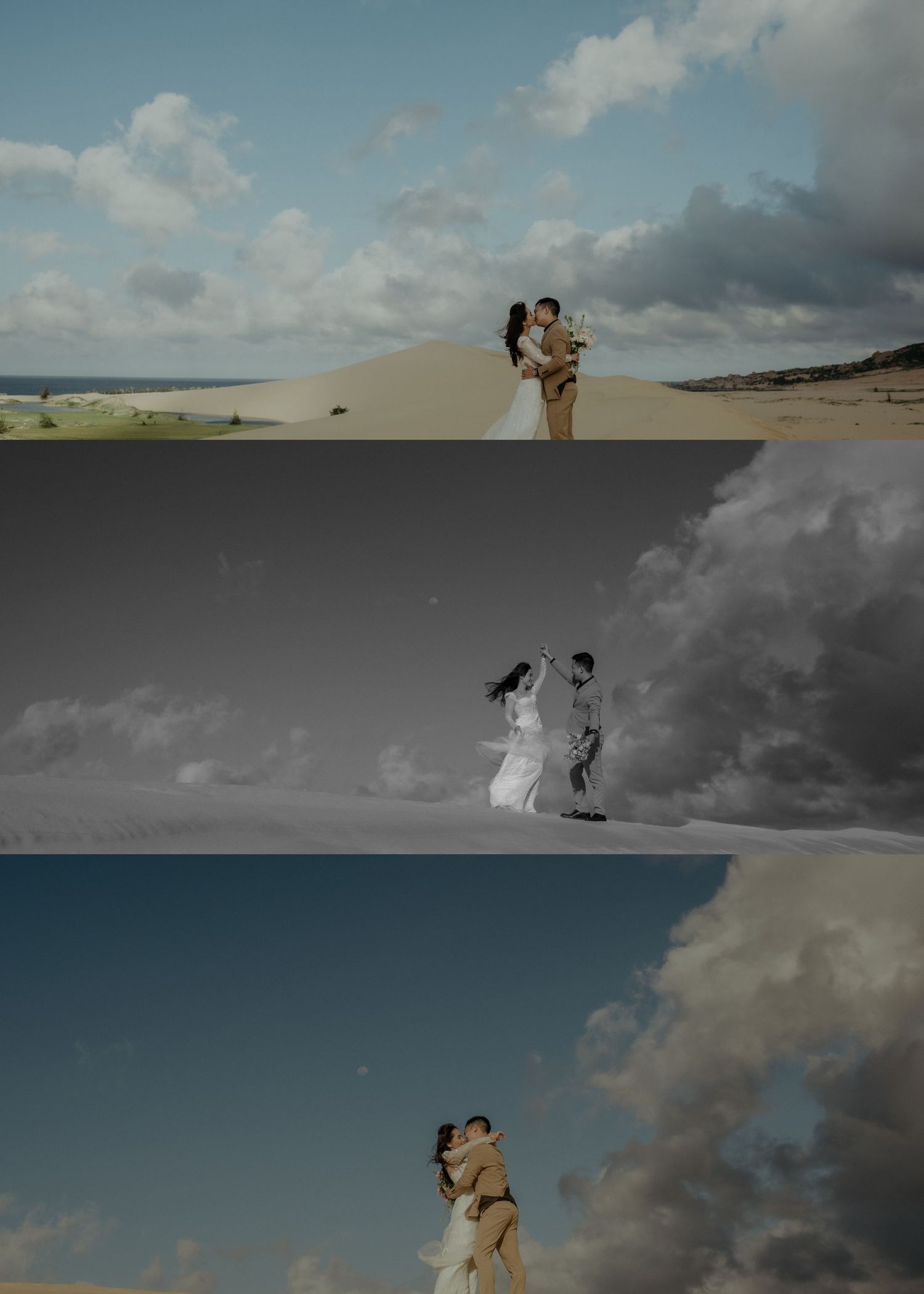 A romantic couple shares a tender moment on sweeping sand dunes under dramatic cloudy skies at sunset.