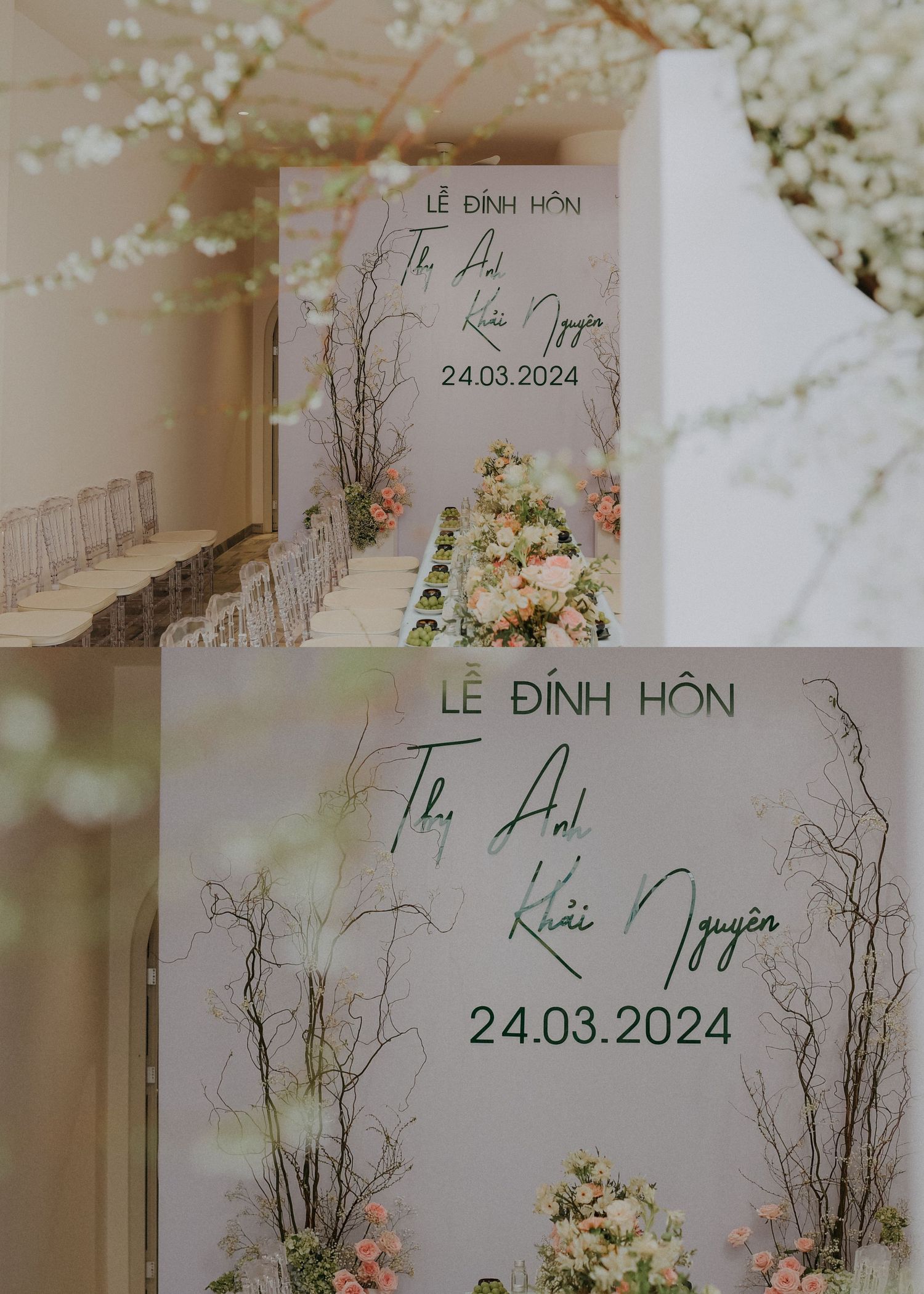 Wedding invitation design with floral arch details and March 2024 date.
