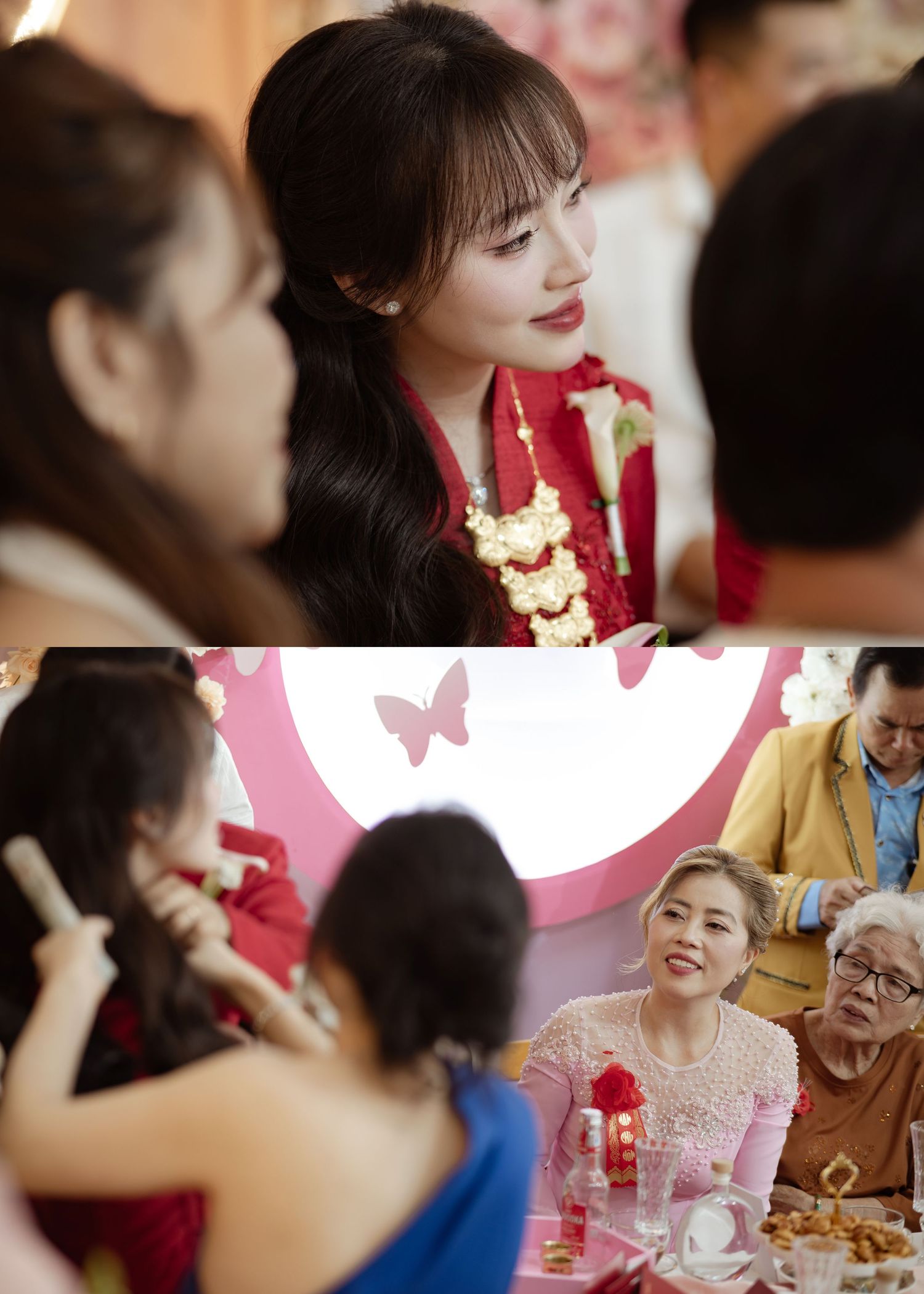 Traditional Chinese wedding celebration scene with guests gathering around a decorated table with red and pink decor in warm lighting.