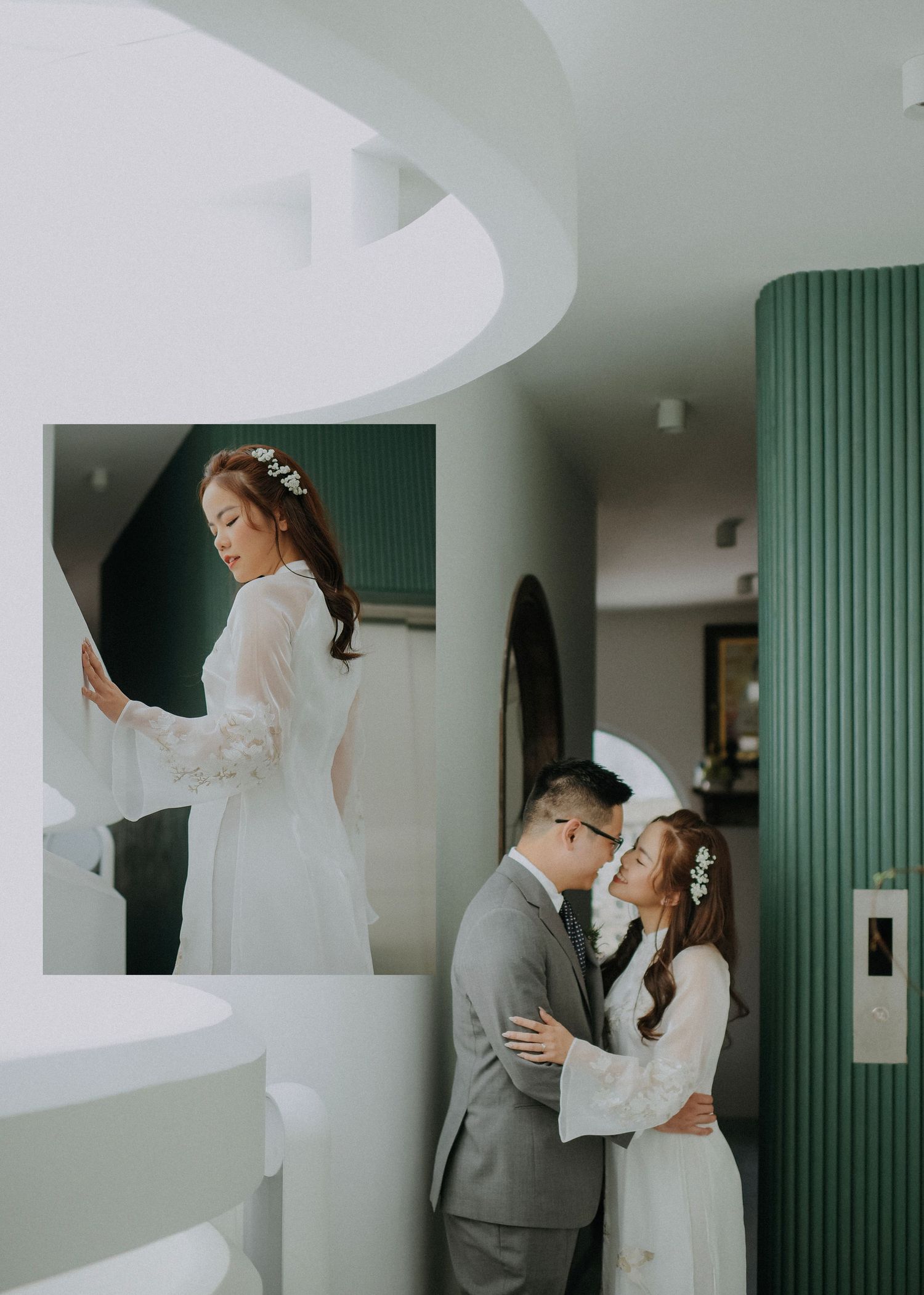 Modern minimalist wedding photos in a stylish interior with green accents and white curved architecture.