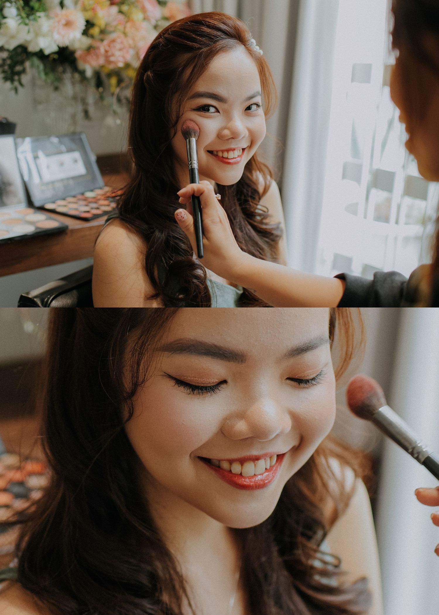 Getting ready scene with makeup artist applying cosmetics in warm natural lighting.