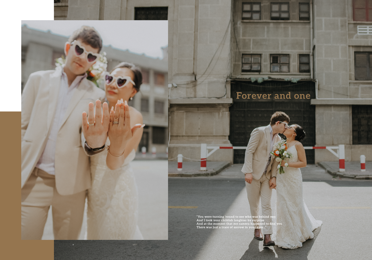 A couple in coordinating beige and white outfits poses together for stylish wedding photos.