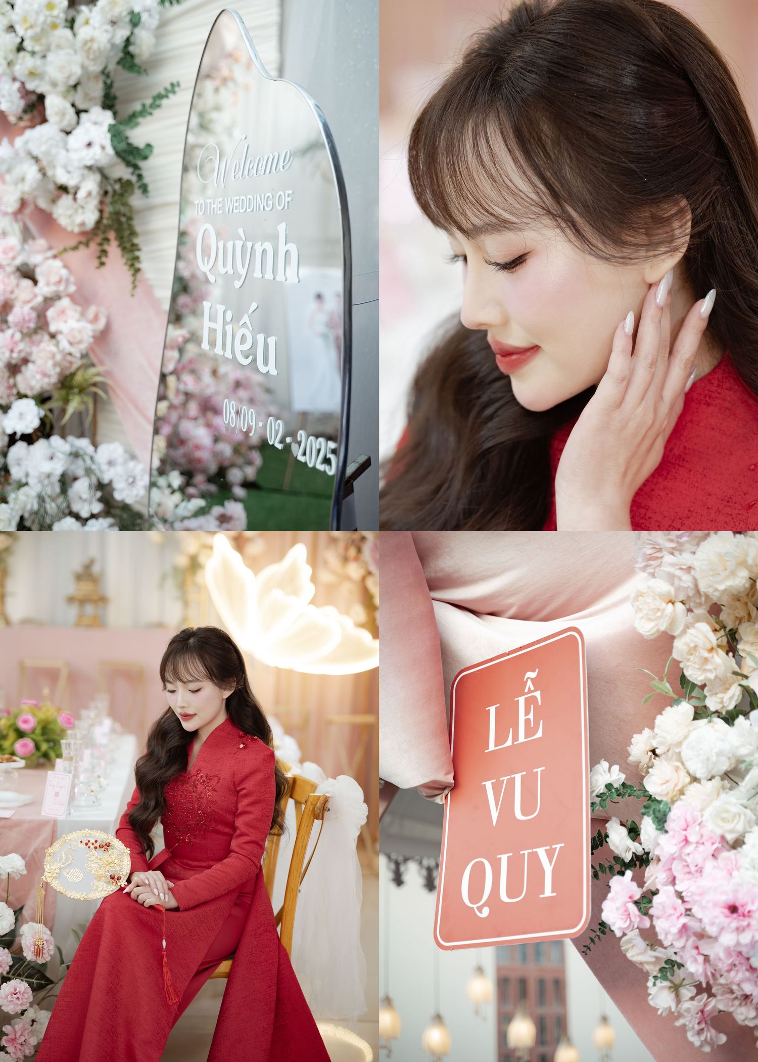 Red traditional dress celebration with floral decorations, signage, and elegant styling in soft romantic lighting.