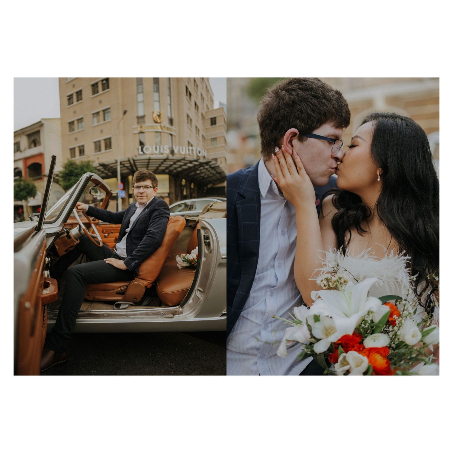 A double wedding photo showing a groom in a vintage car and a romantic couple sharing a kiss with a bridal bouquet.