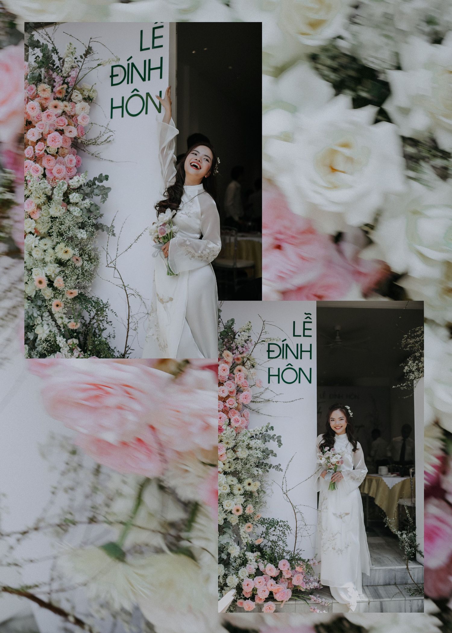 Wedding photo setup with floral arch and 'Le Dinh Hon' sign surrounded by pink and white roses.