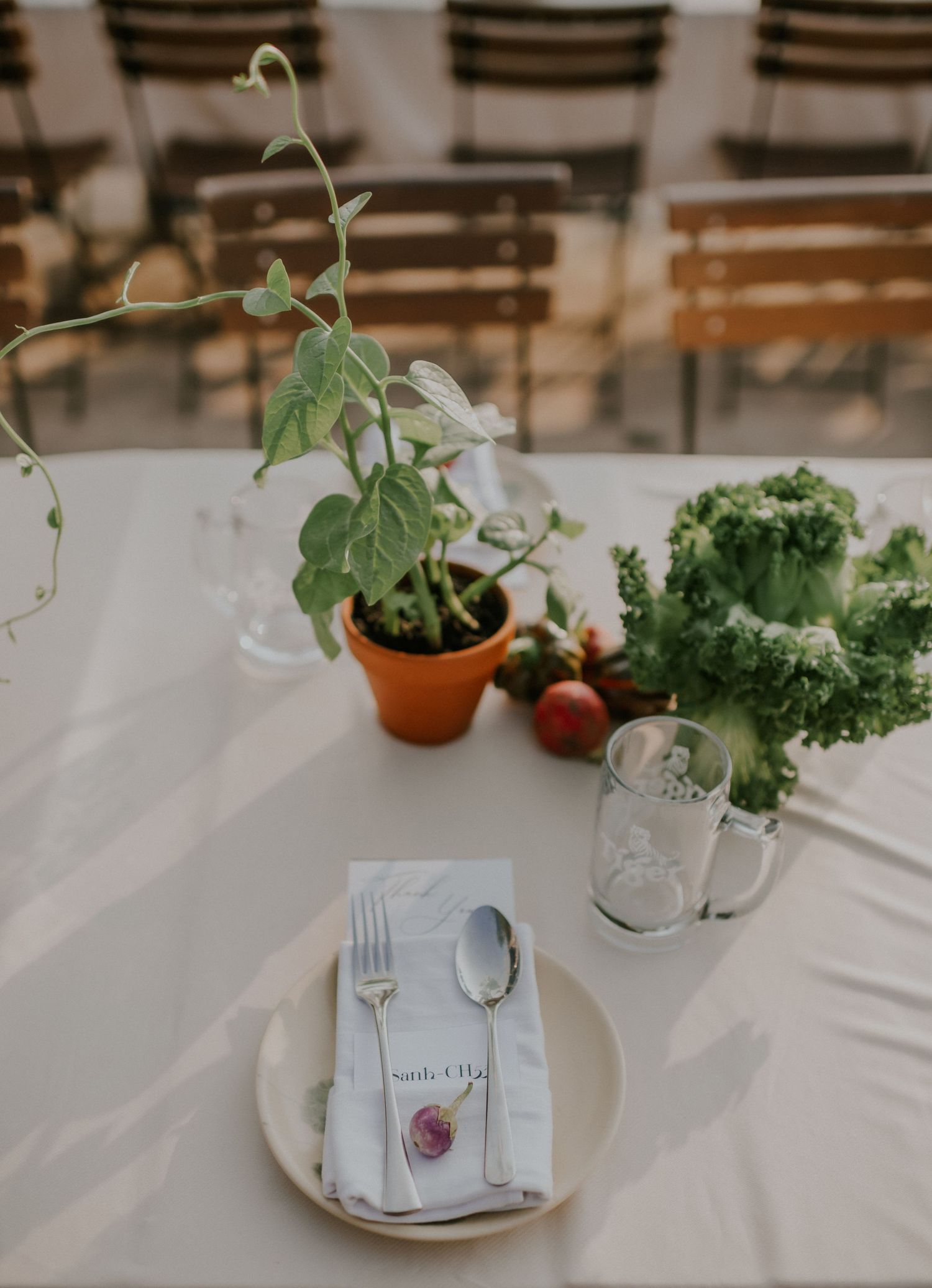 Place setting with white plate, silverware, and potted greenery on crisp white tablecloth.